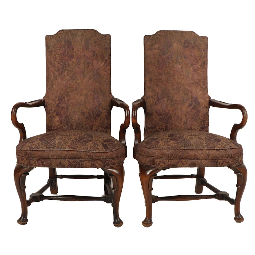 Queen Anne Style Upholstered Armchairs, Late 20th Century