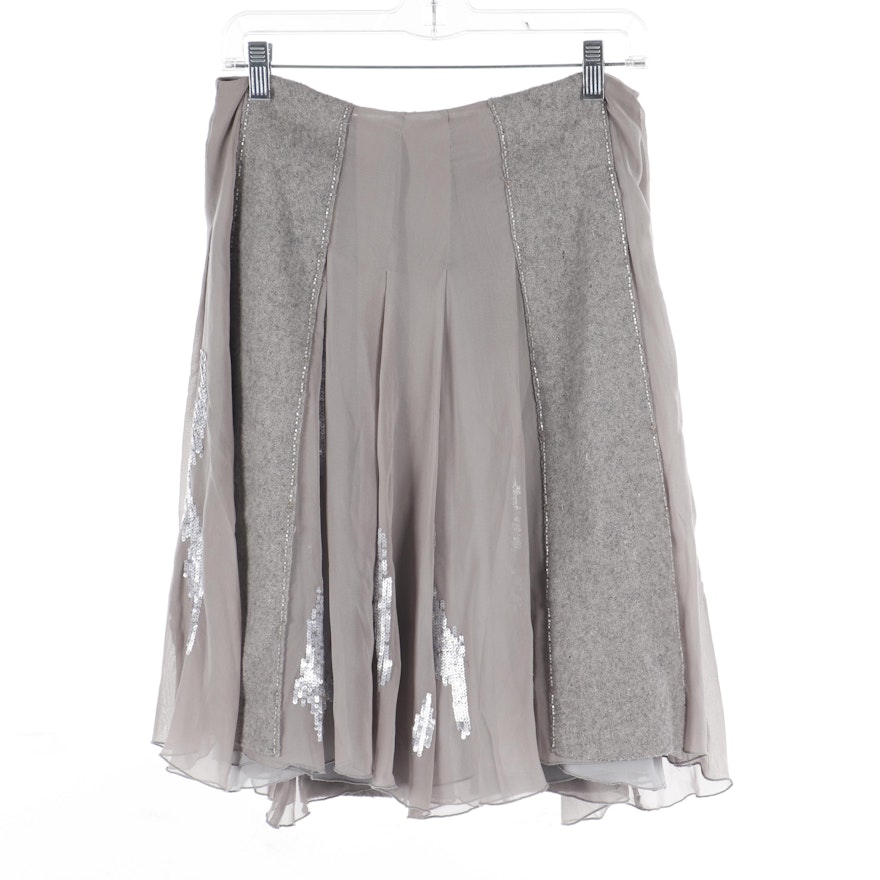 Maurizio Pecoraro Grey Mixed Fabrics Top Stitch Pleated Skirt with Sequins