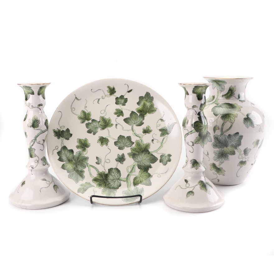Andrea by Sadek Chinese Vase, Candlesticks and Decorative Plate with Ivy Designs