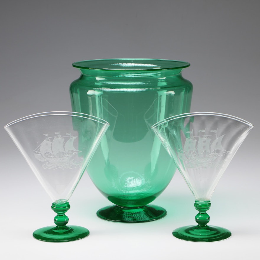 Steuben "Spanish Galleon" Art Glass Fan Vases and Large Vase in Pomona Green