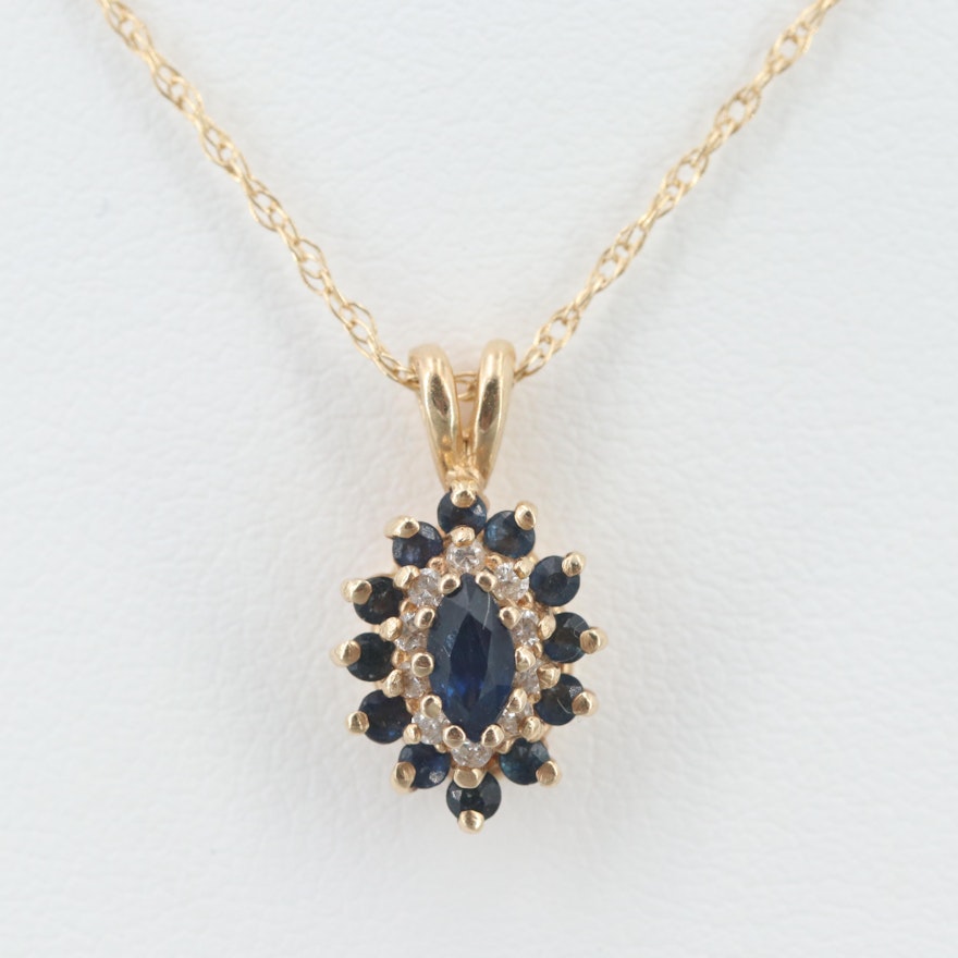 14K Yellow Gold Sapphire and Diamond Pendant Necklace