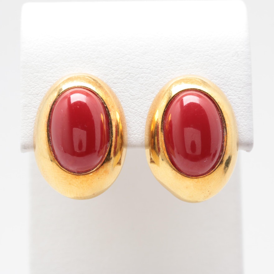 14K and 18K Yellow Gold Red Coral Earrings