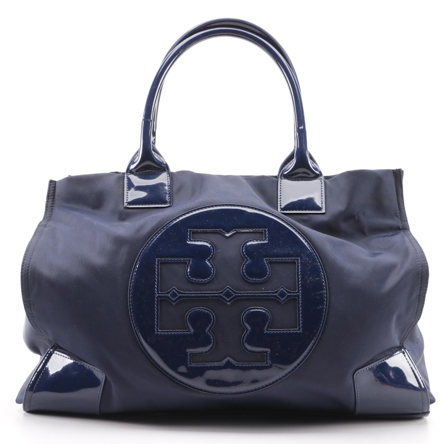 Tory Burch Ella Large Navy Blue Nylon and Patent Leather Tote