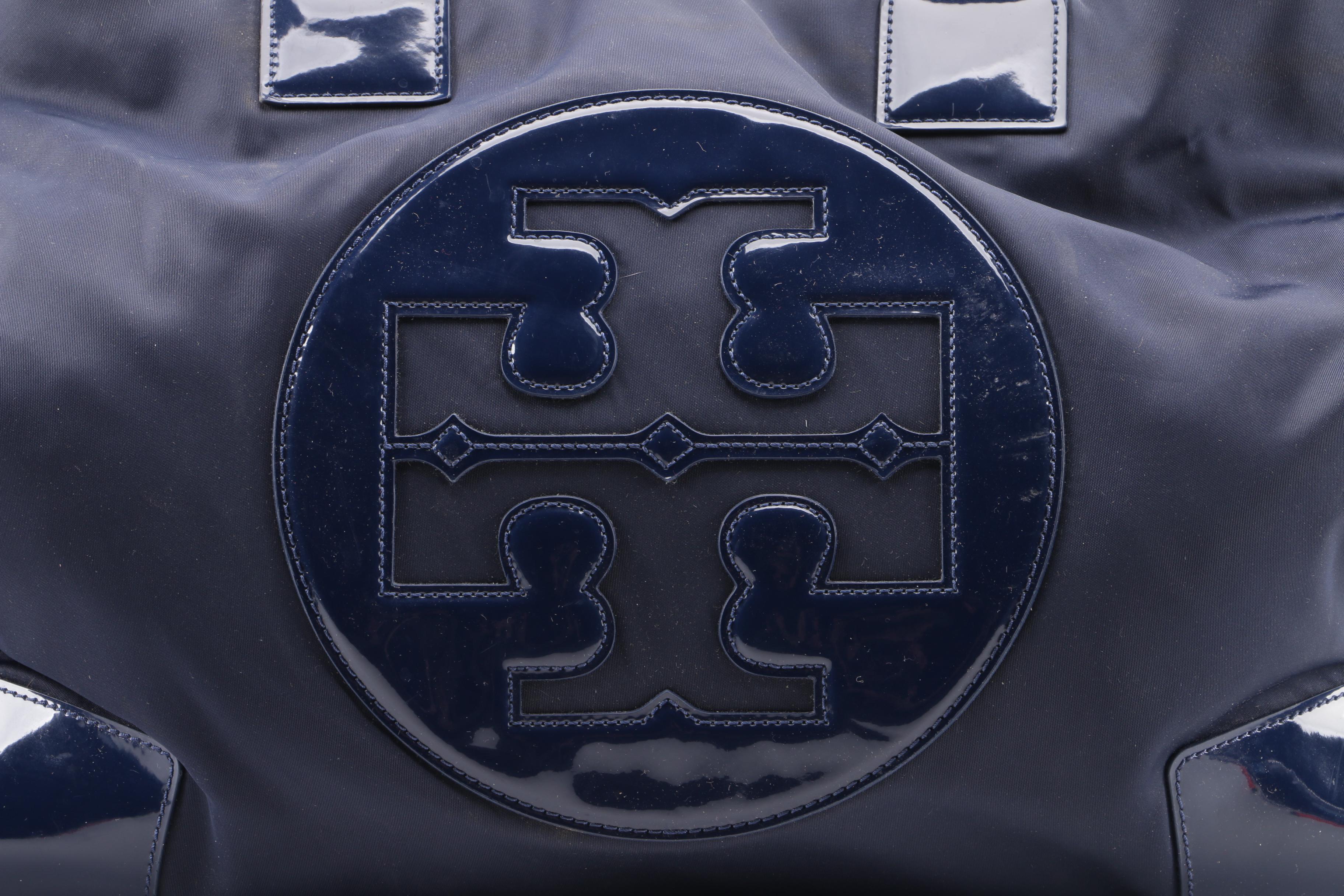 Tory Burch Ella Large Navy Blue Nylon and Patent Leather Tote