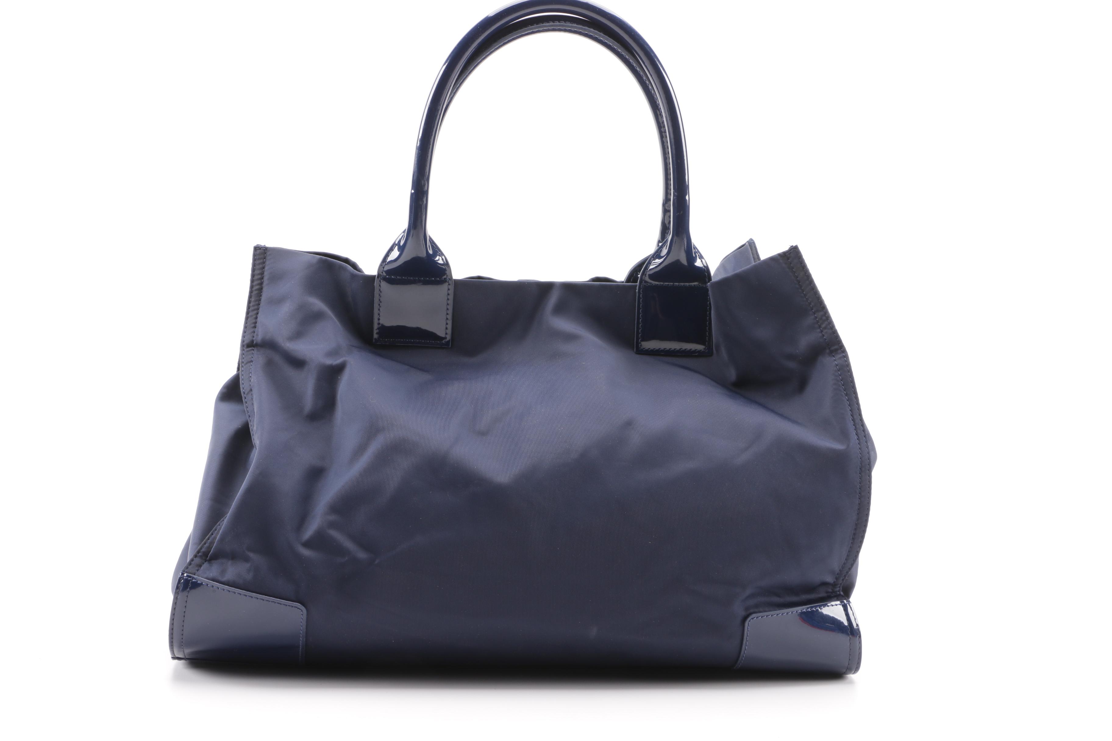 Tory Burch Ella Large Navy Blue Nylon and Patent Leather Tote