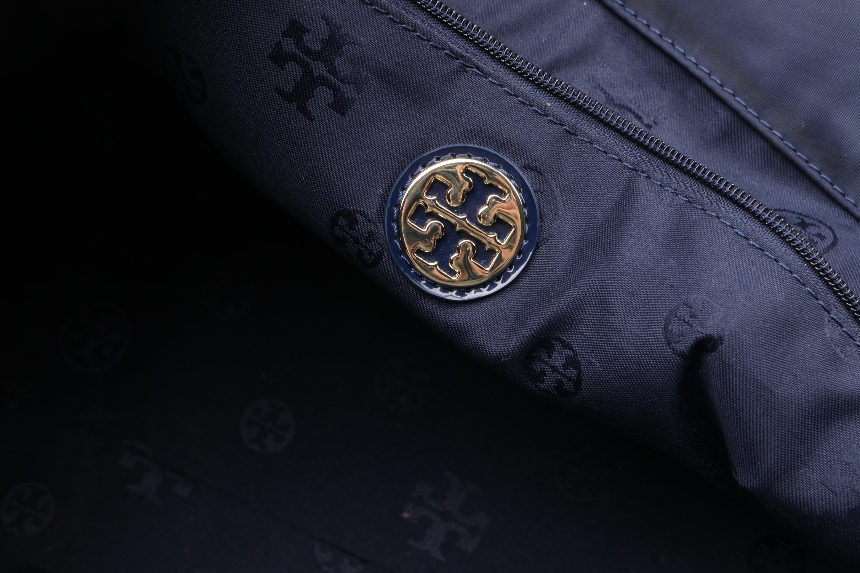 Tory Burch Ella Large Navy Blue Nylon and Patent Leather Tote