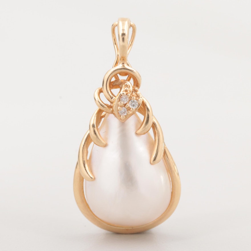14K Yellow Gold Cultured Mabe Pearl and Diamond Enhancer Pendant