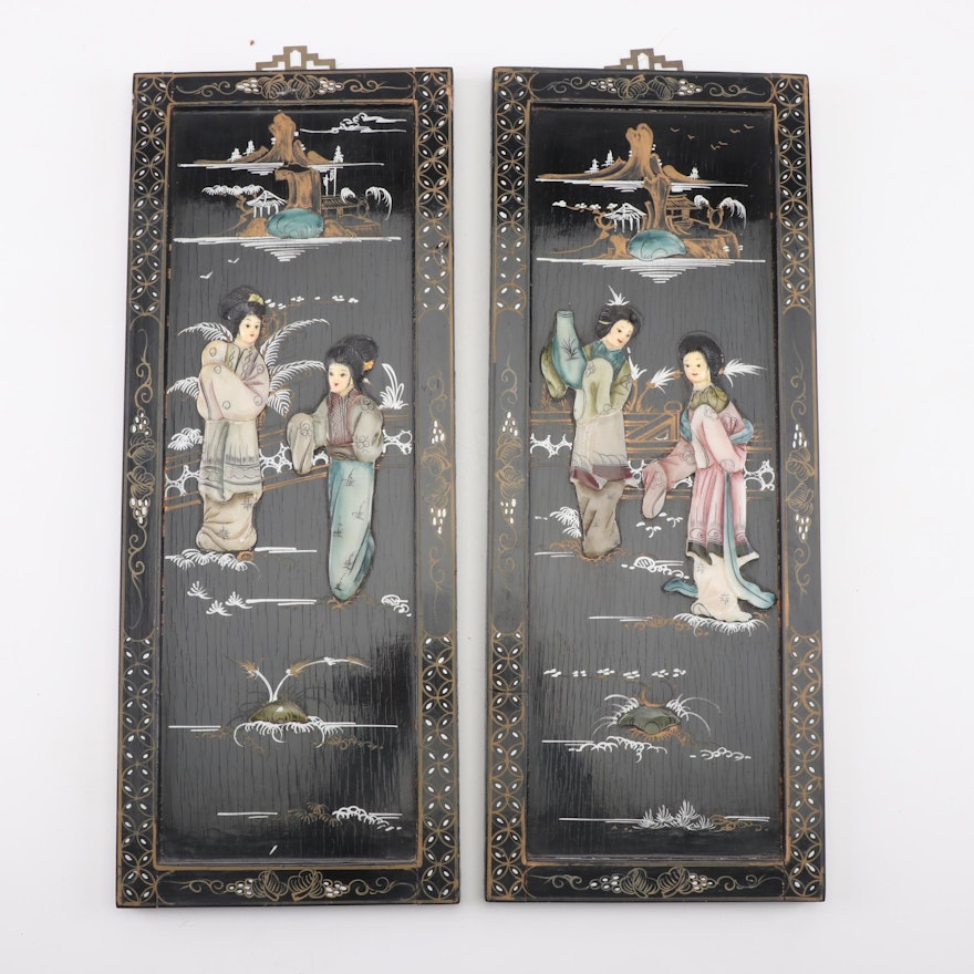 Chinese Hand-Painted Black Lacquer Hanging Panels with Inlay and Brass Hardware