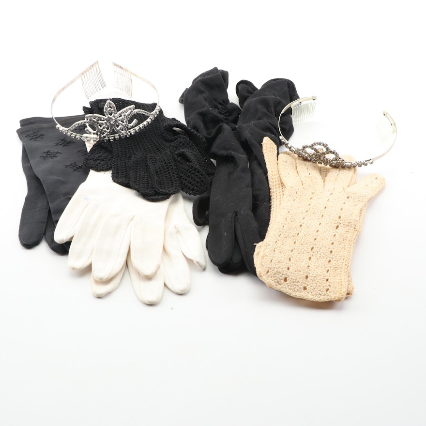 Vintage Rhinestone Tiaras and Gloves Including Crocheted Gloves