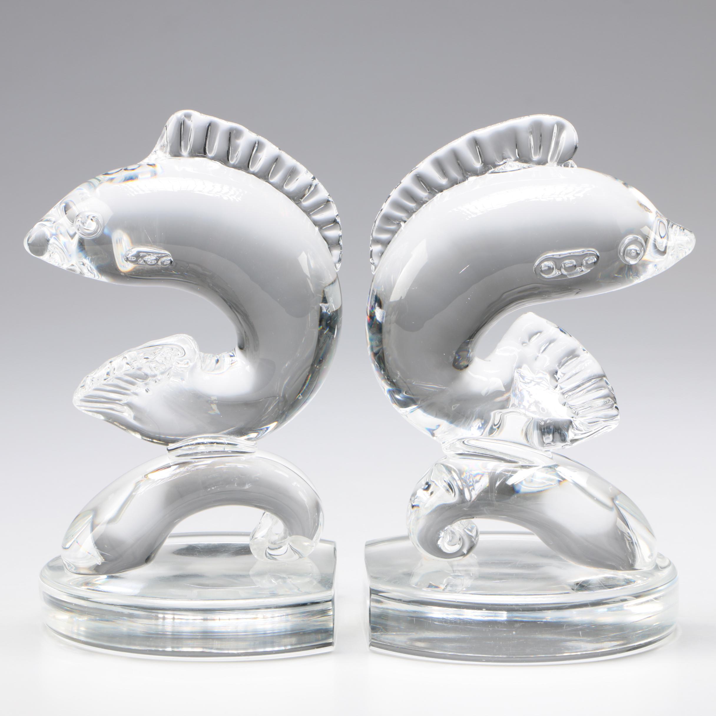 Steuben Art Glass "Dolphin" Bookends, c.1930 - 1940s