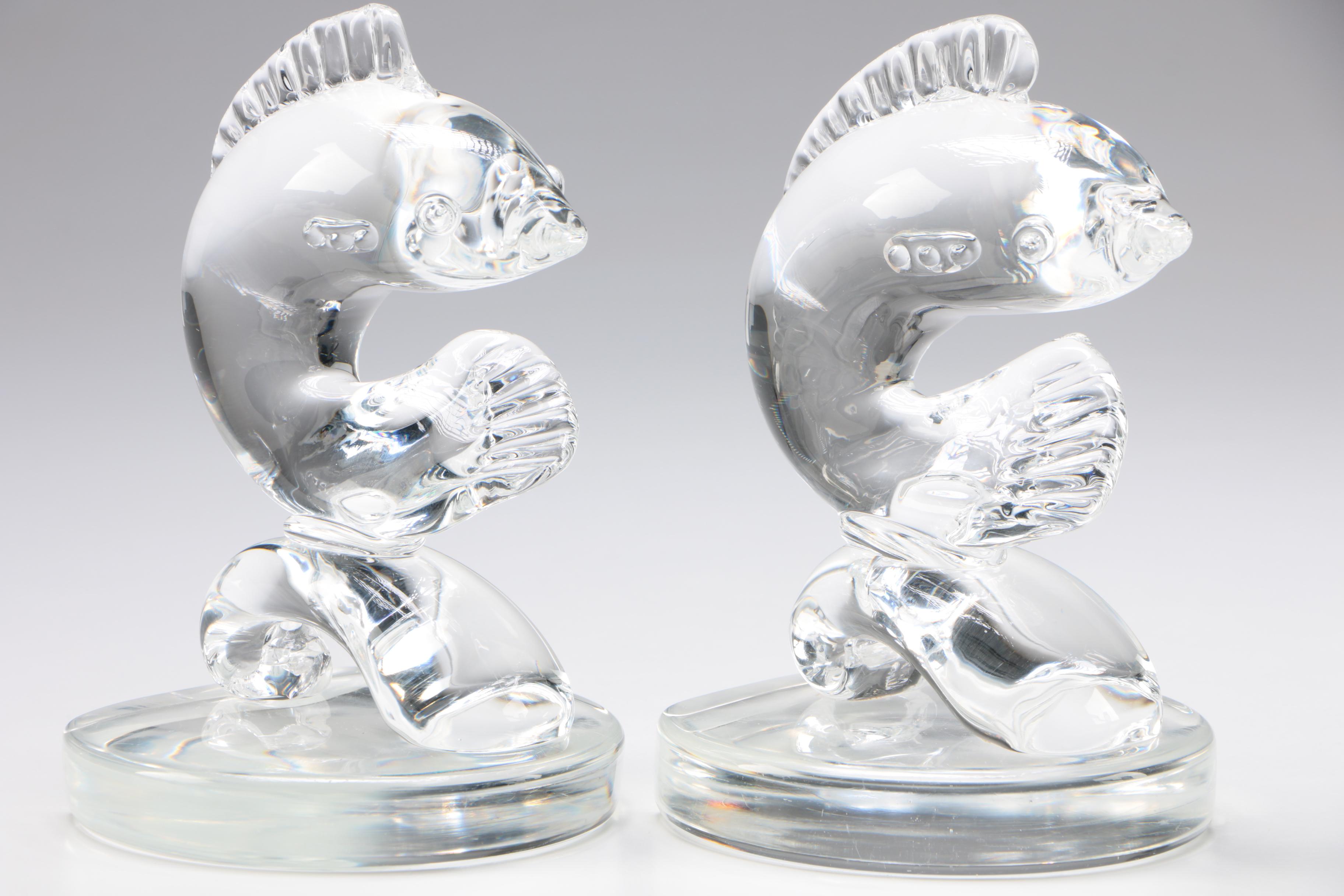Steuben Art Glass "Dolphin" Bookends, c.1930 - 1940s