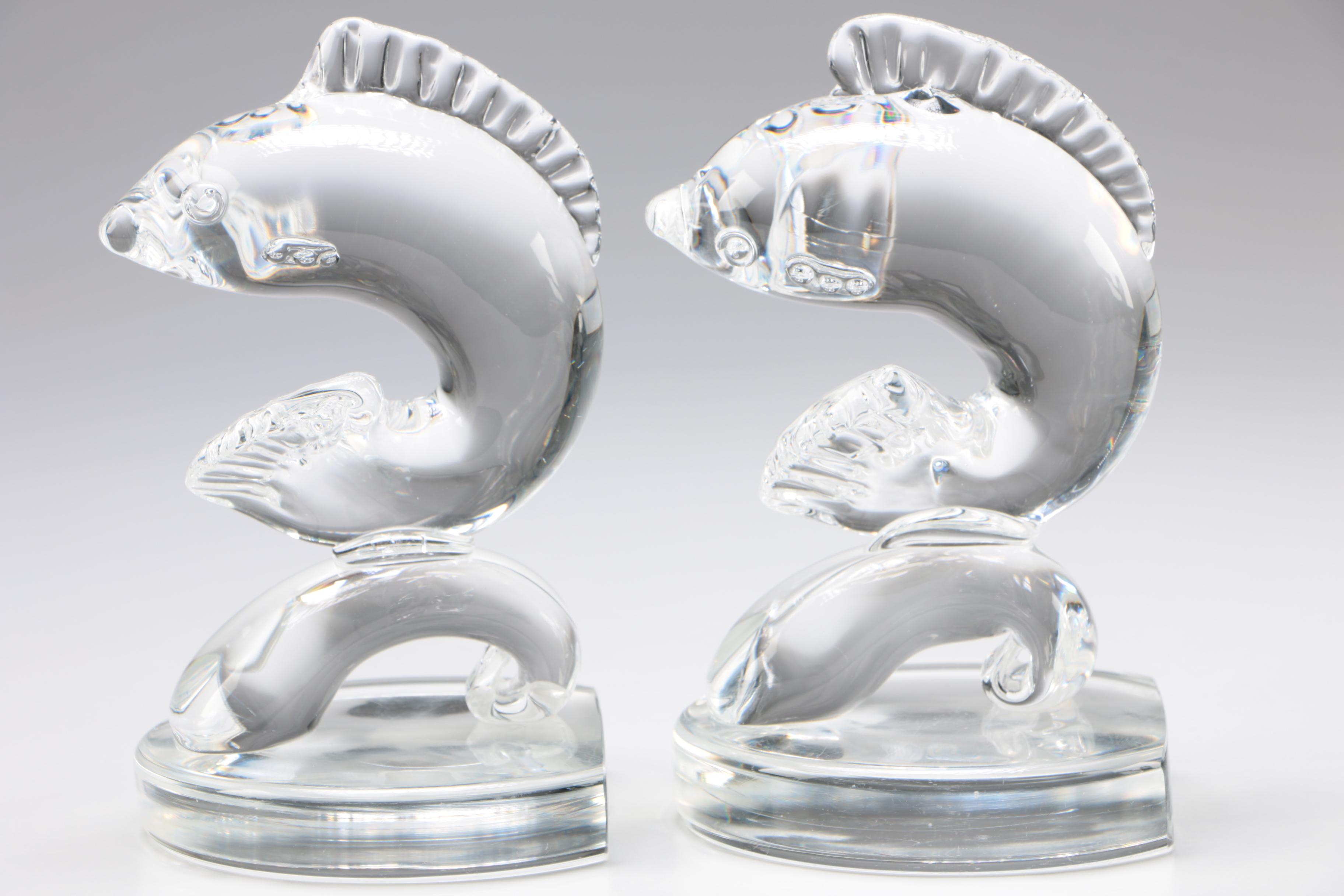 Steuben Art Glass "Dolphin" Bookends, c.1930 - 1940s