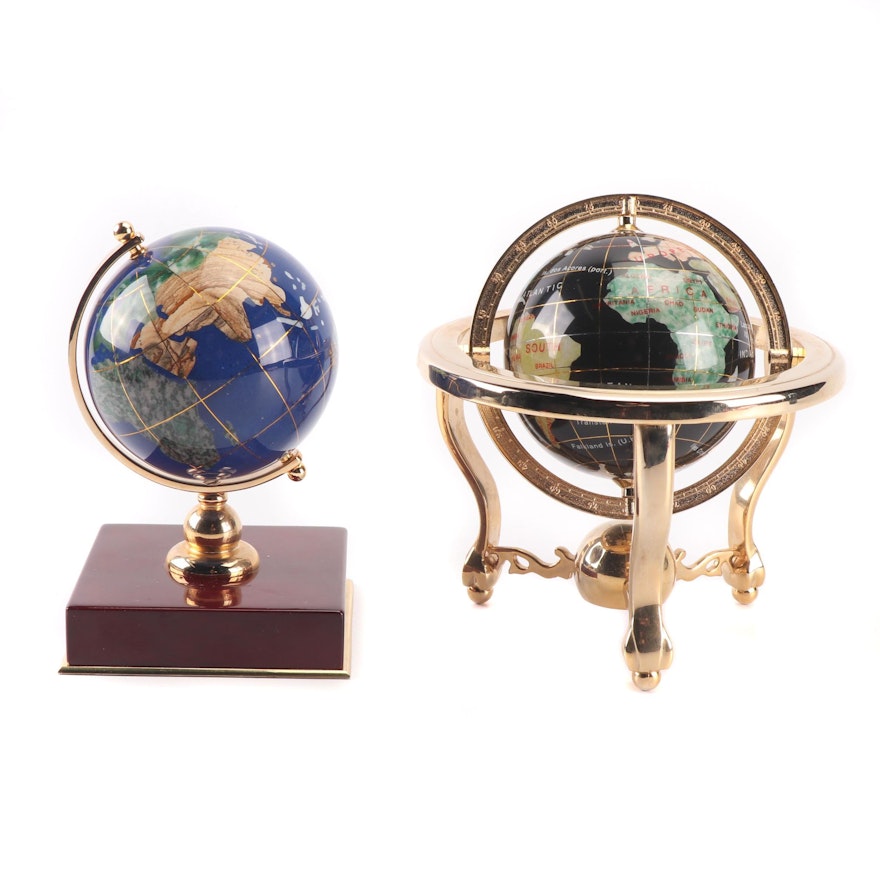 Inlaid Stone and Brass Desk Globes