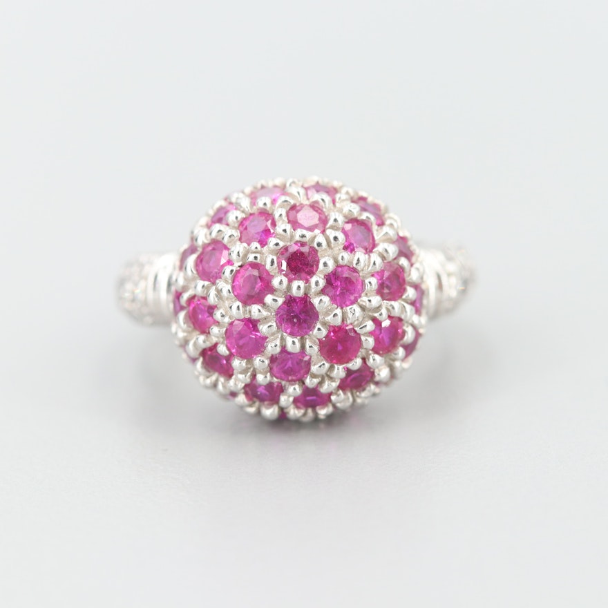 14K White Gold Ruby and Diamond Dome Ring