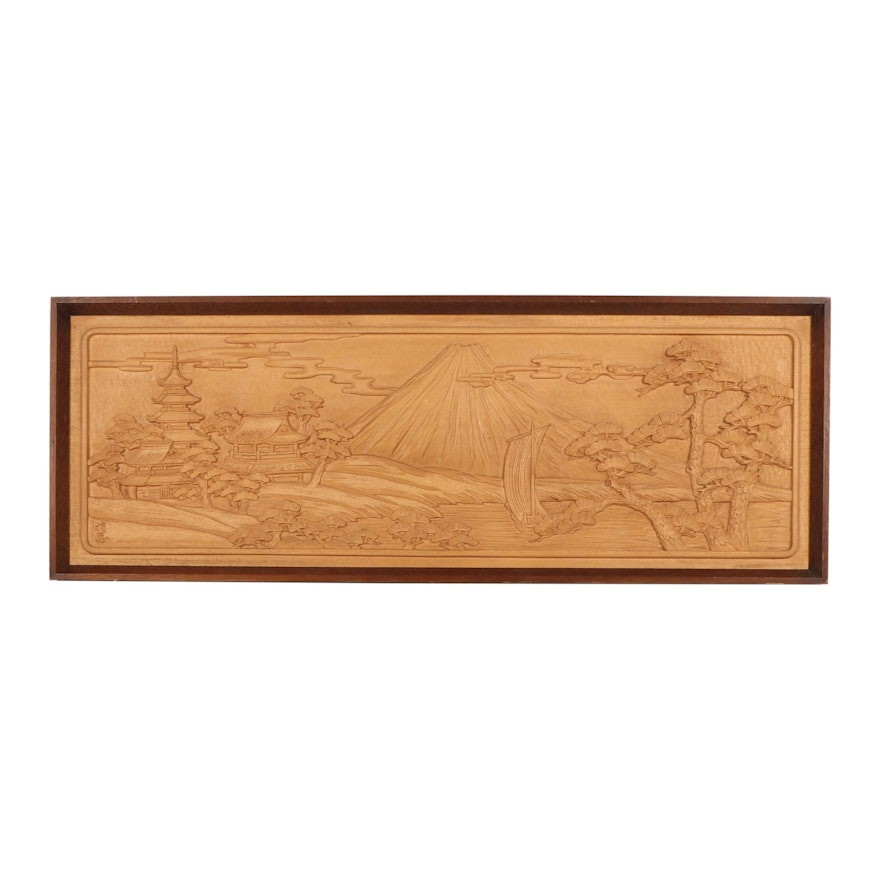 Japanese Carved Wood Relief of Mount Fuji