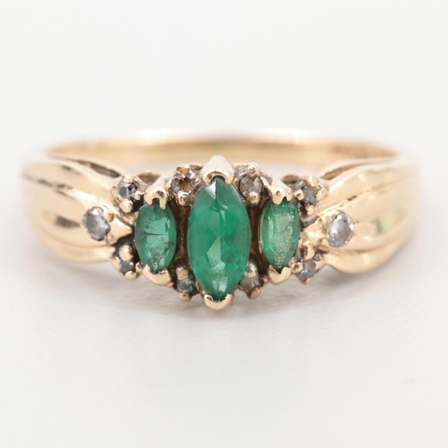 10K Yellow Gold Synthetic Emerald and Diamond Ring