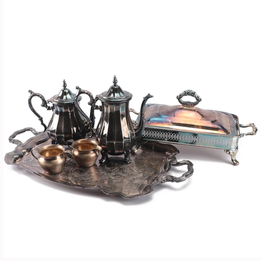 Wm. Rogers Silver Plate Waiter Tray, Teapot, and Coffee Pot with Other Serveware