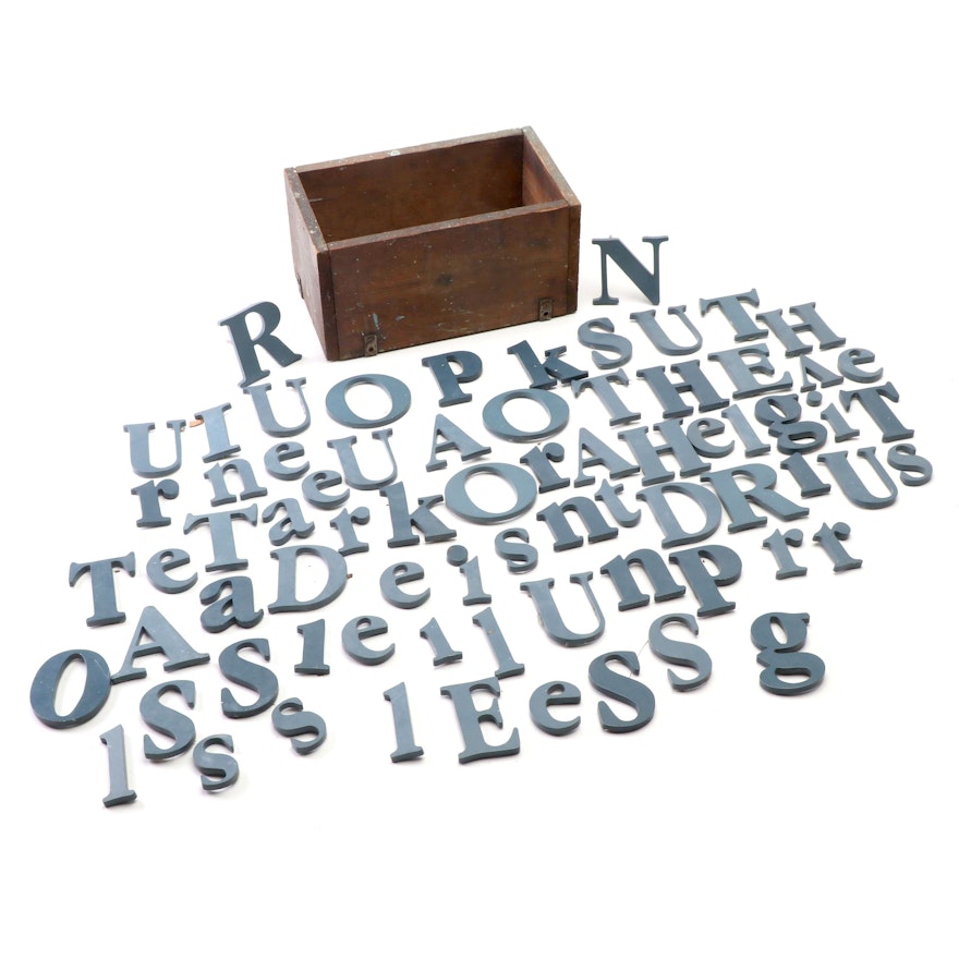 Vintage Lowercase and Uppercase Metal Letters in Wooden Box