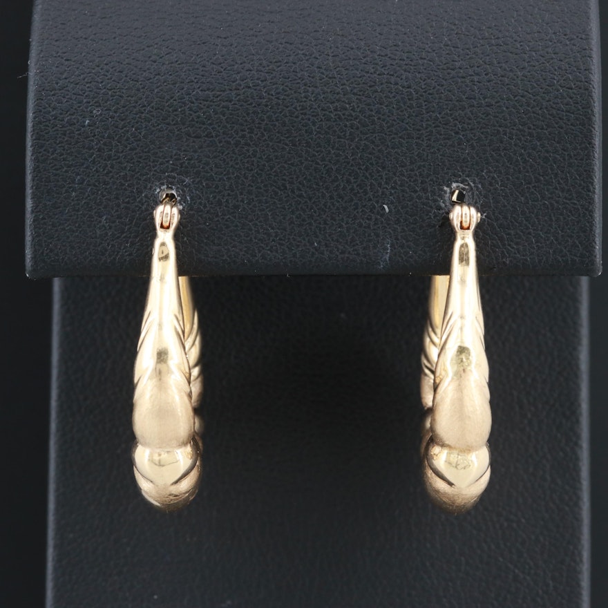 14K Yellow Gold Textured and High Polish Hoop Earrings