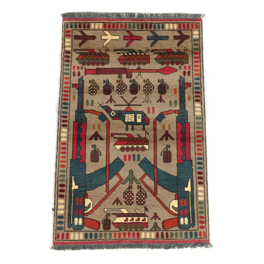 Hand-Knotted Afghan "War" Pictorial Wool Accent Rug