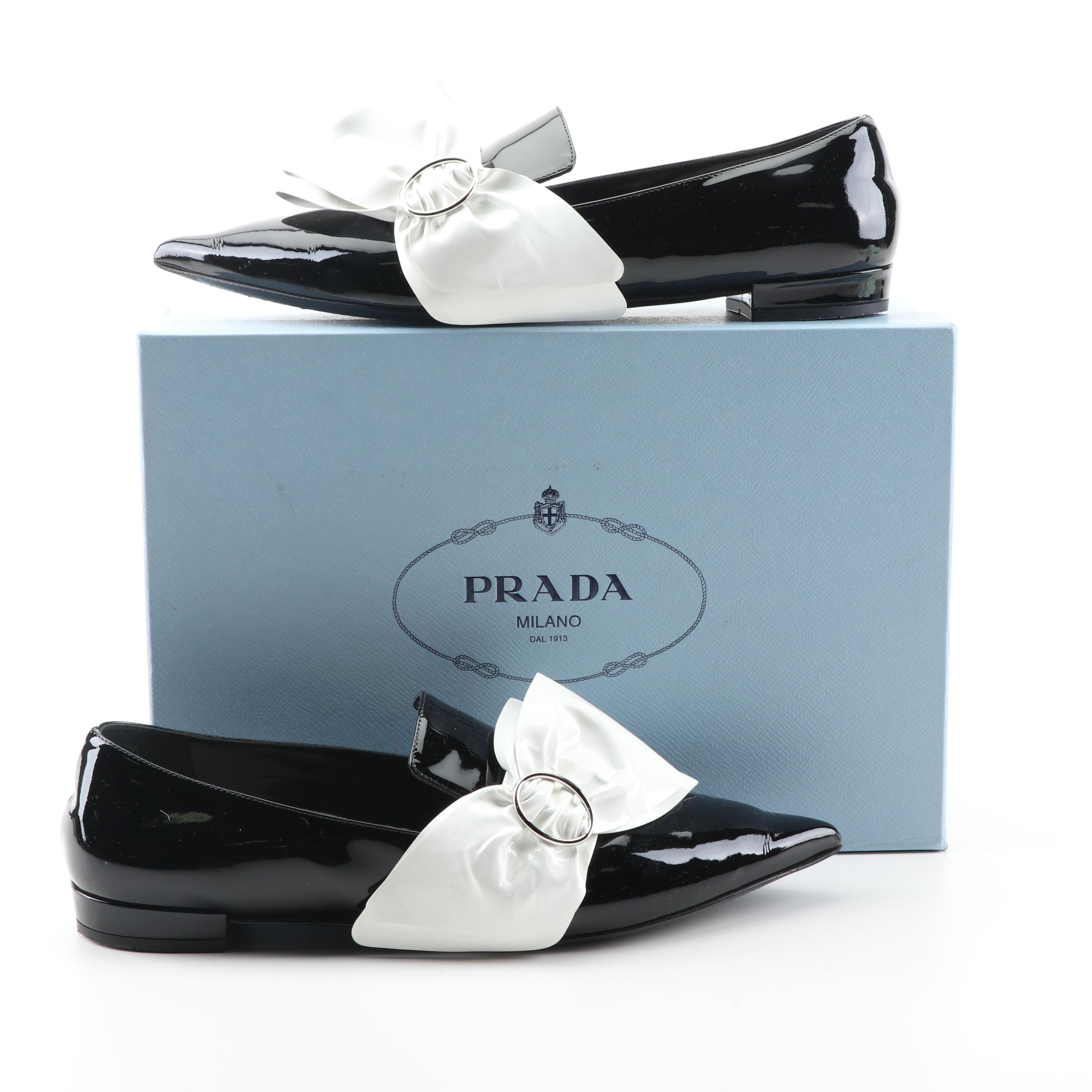 Prada Black Patent Leather Flats with White Oversized Bows