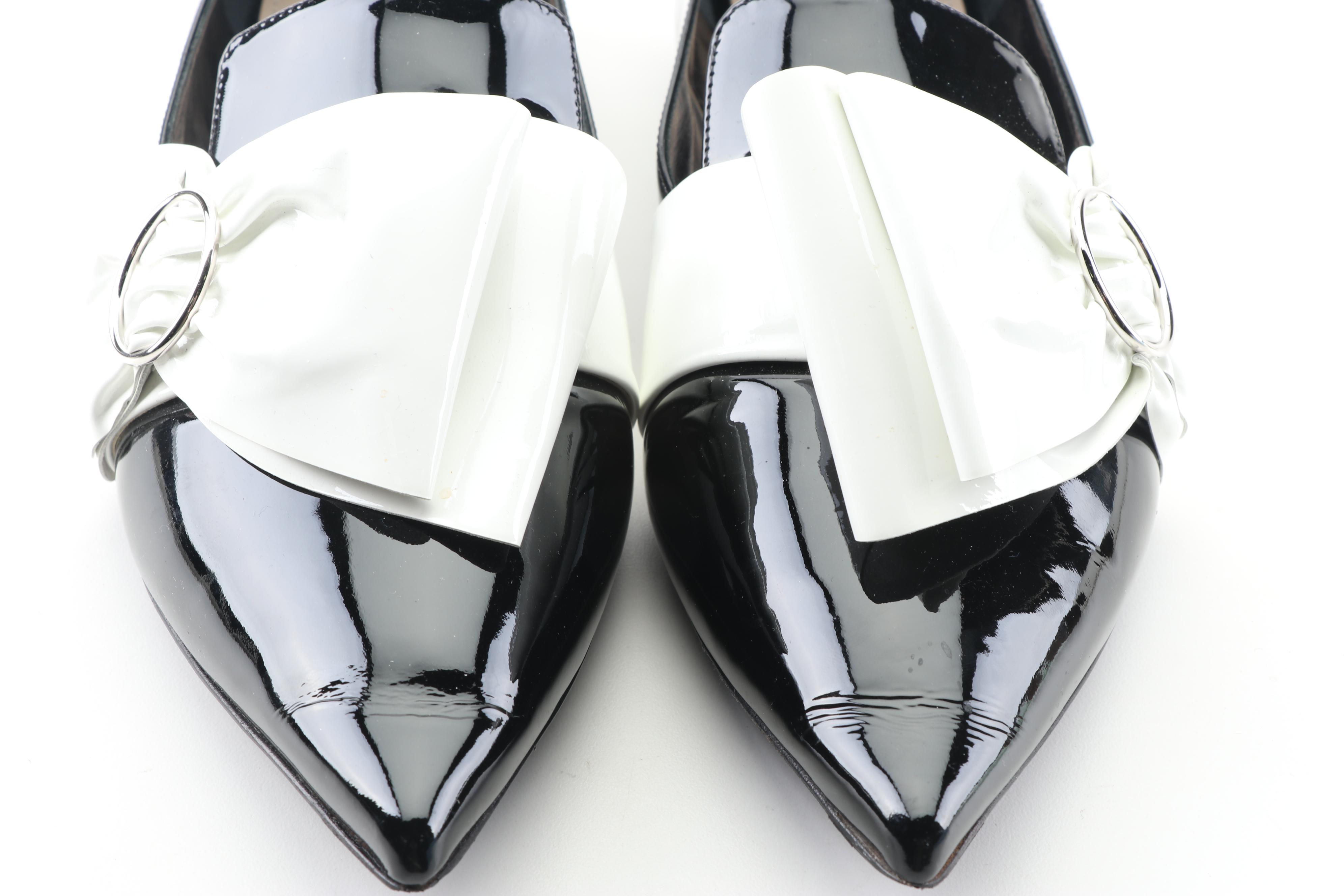Prada Black Patent Leather Flats with White Oversized Bows
