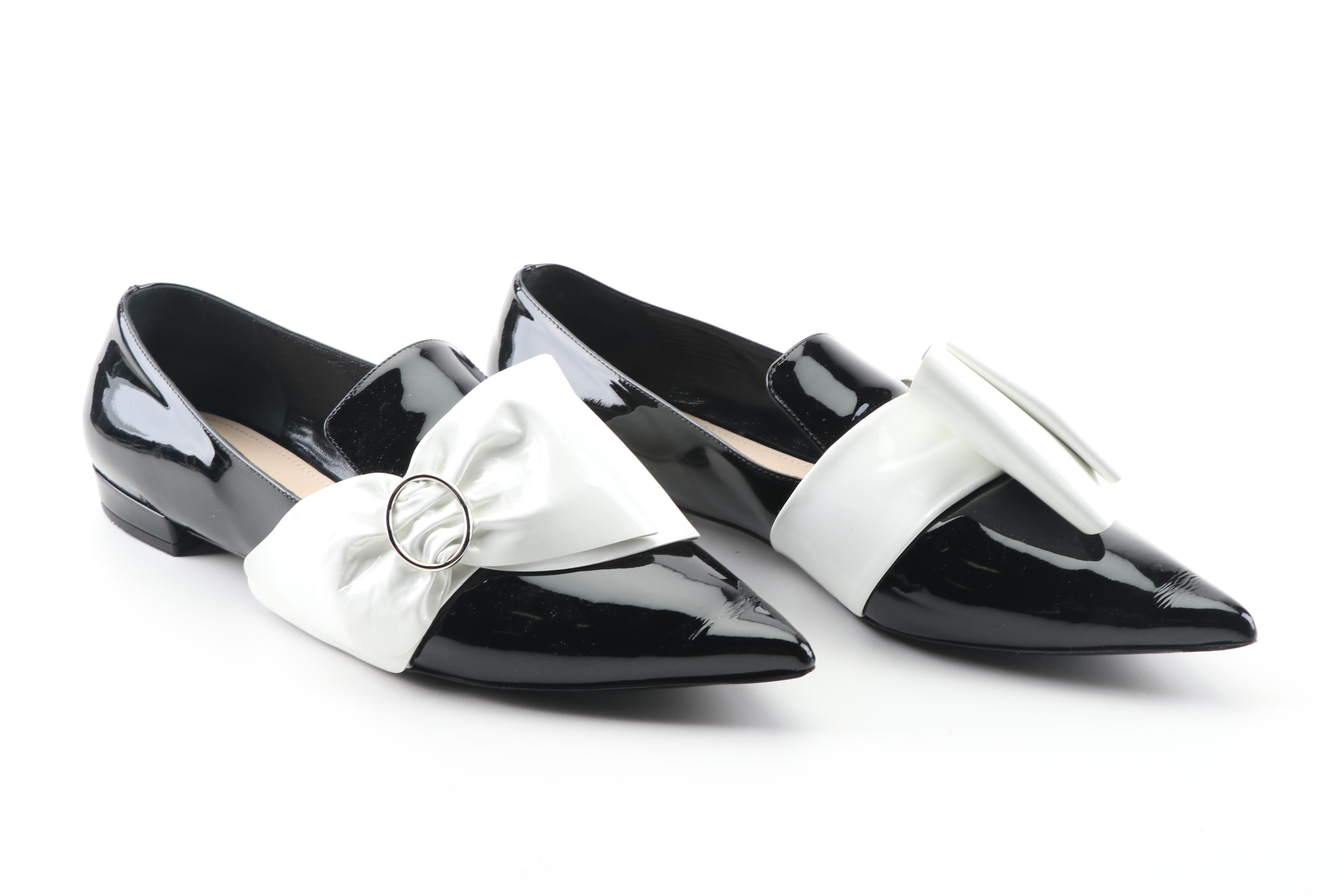 Prada Black Patent Leather Flats with White Oversized Bows