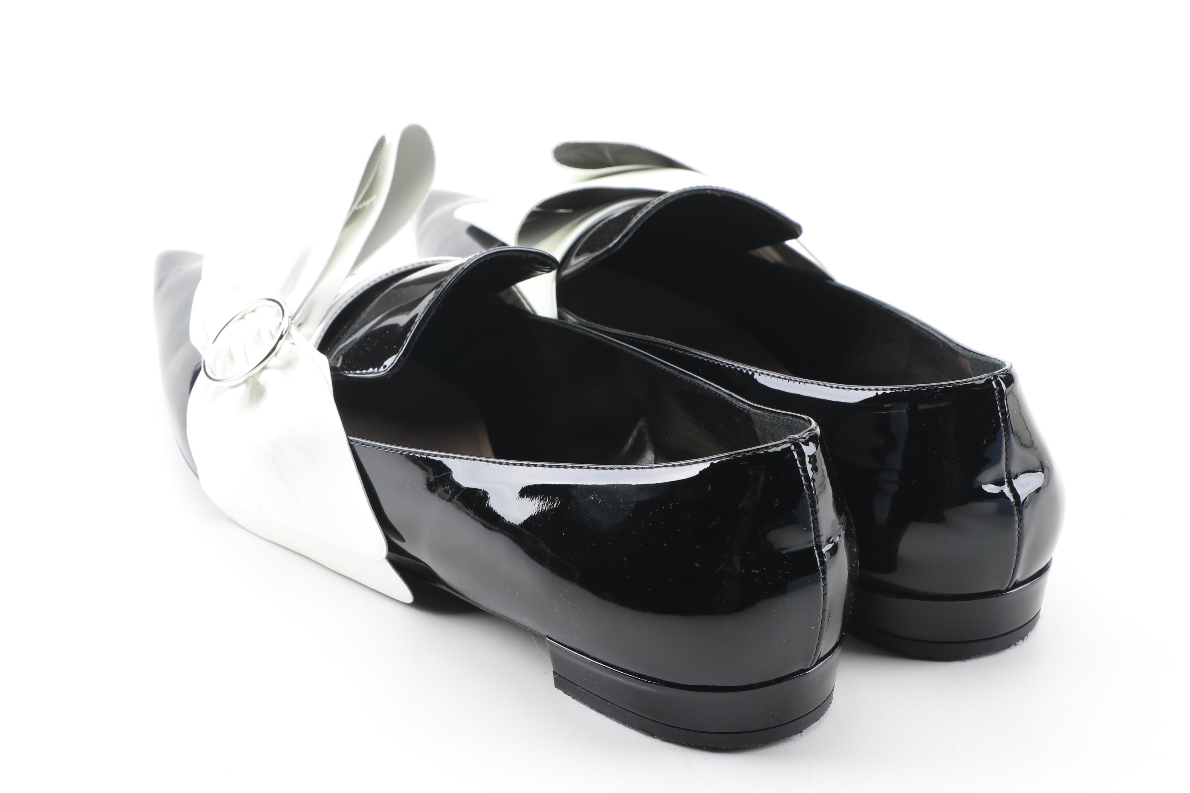 Prada Black Patent Leather Flats with White Oversized Bows