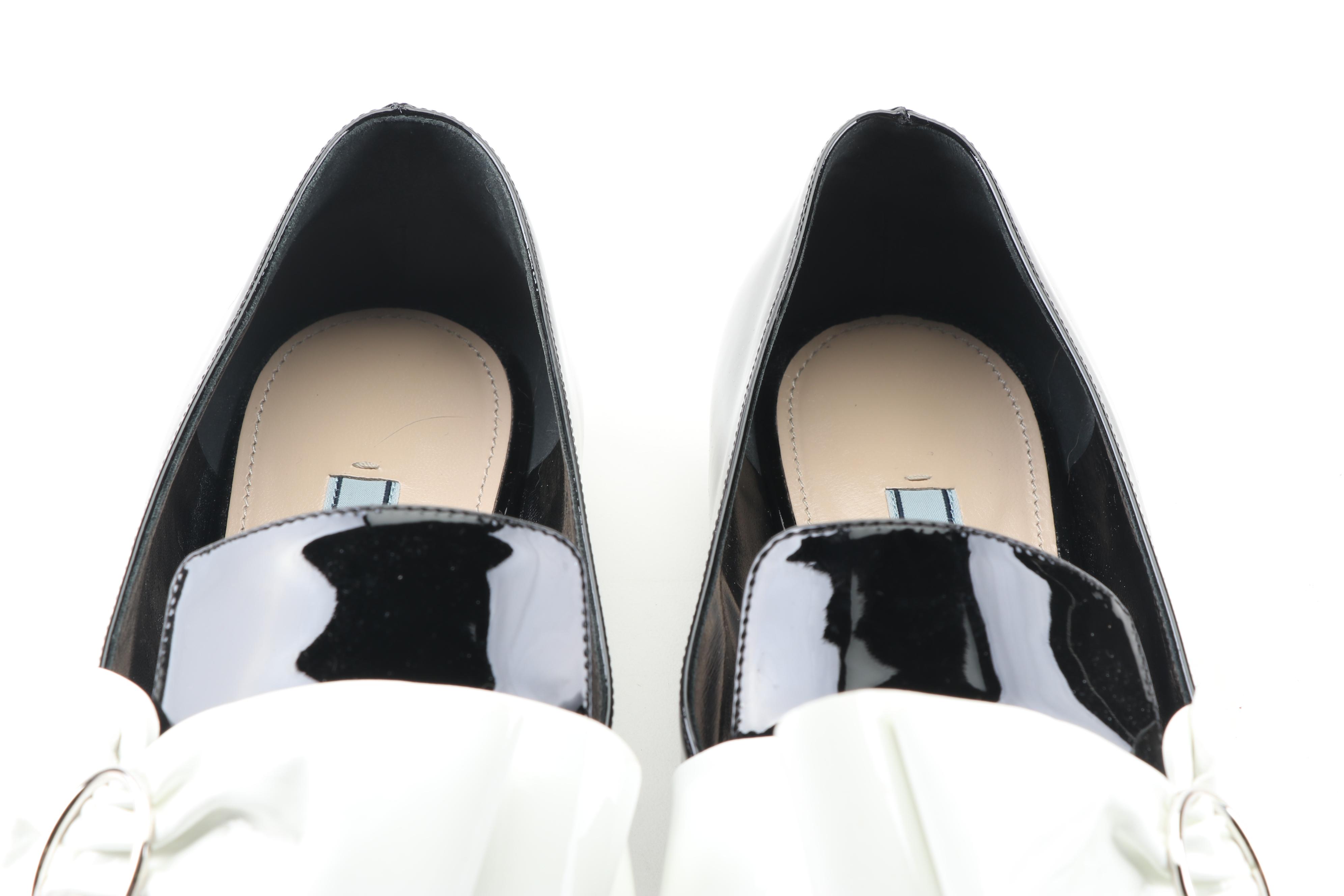 Prada Black Patent Leather Flats with White Oversized Bows