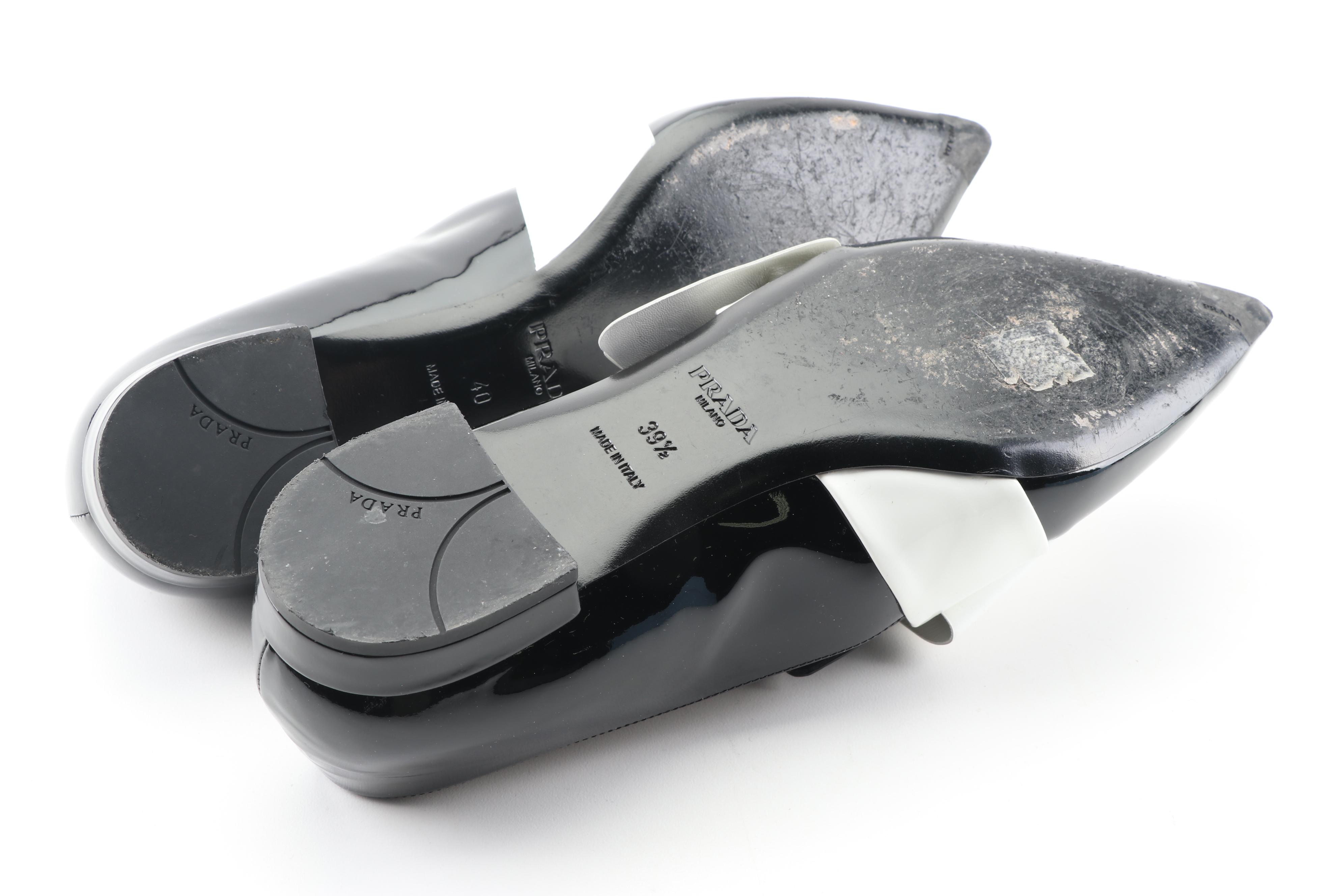 Prada Black Patent Leather Flats with White Oversized Bows