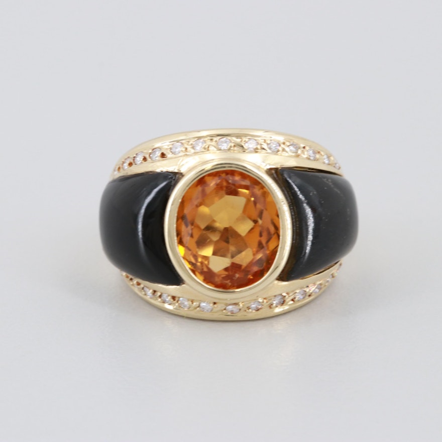 14K Yellow Gold Citrine, Diamond and Black Onyx Inlay Ring