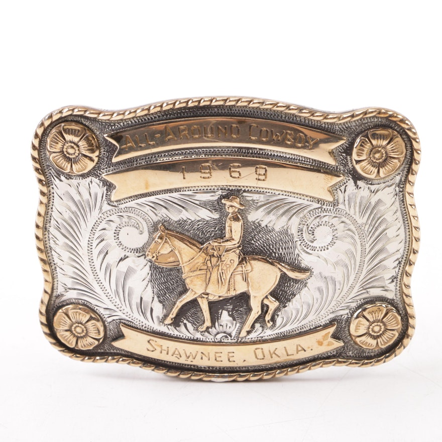 1969 Irvine & Jachens Sterling Silver “All-Around Cowboy” Two-Tone Trophy Buckle