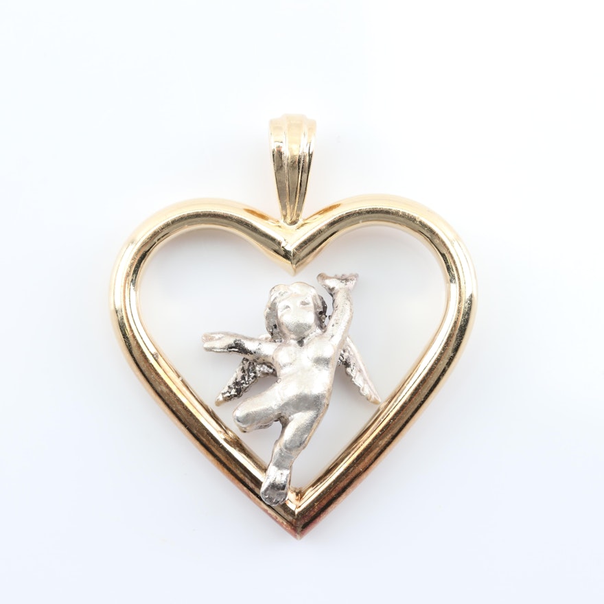 14K Yellow Gold Open Heart Frame Pendant with Silver Angel