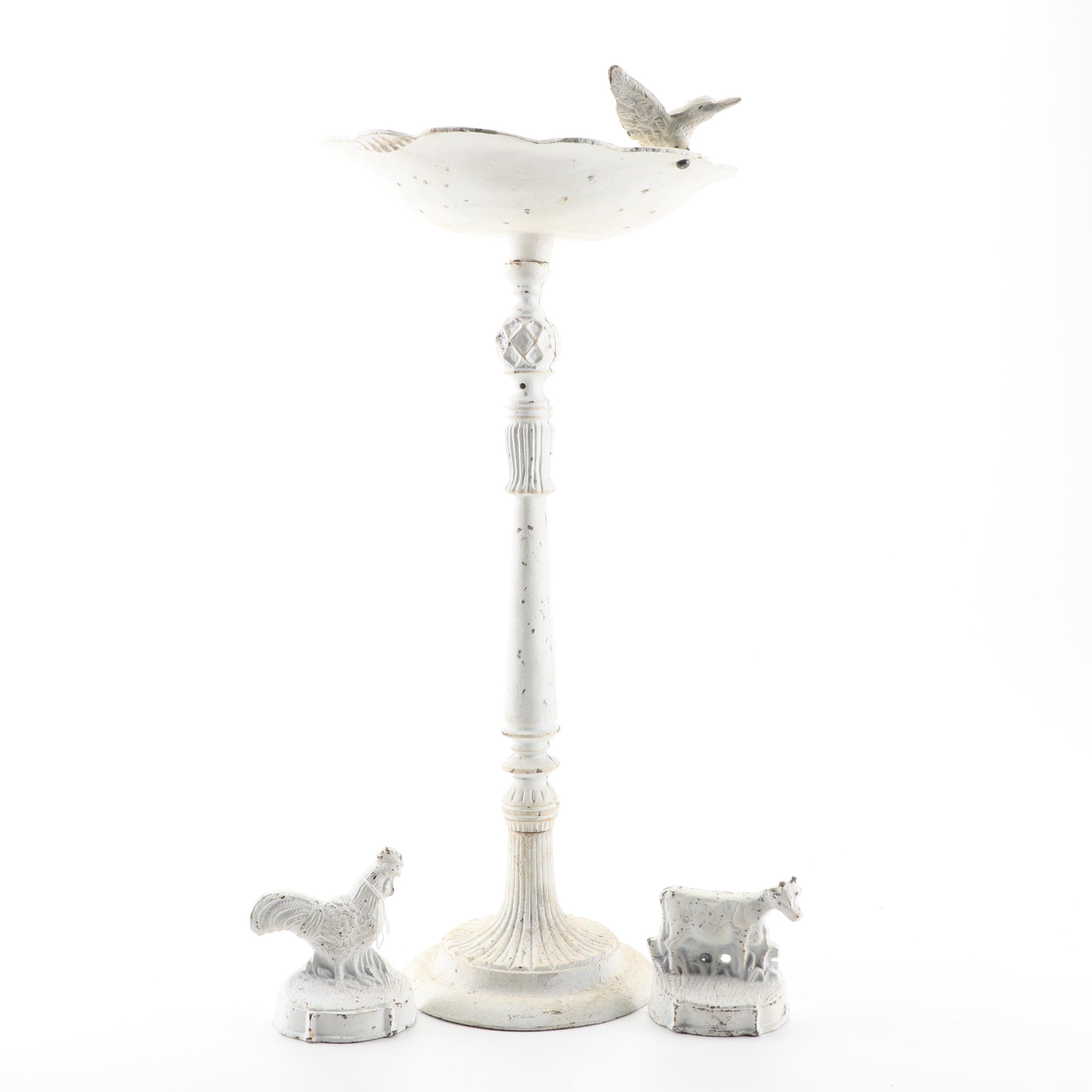 Painted Cast Iron Rooster and Cow Doorstops and Pedestal Bird Bath