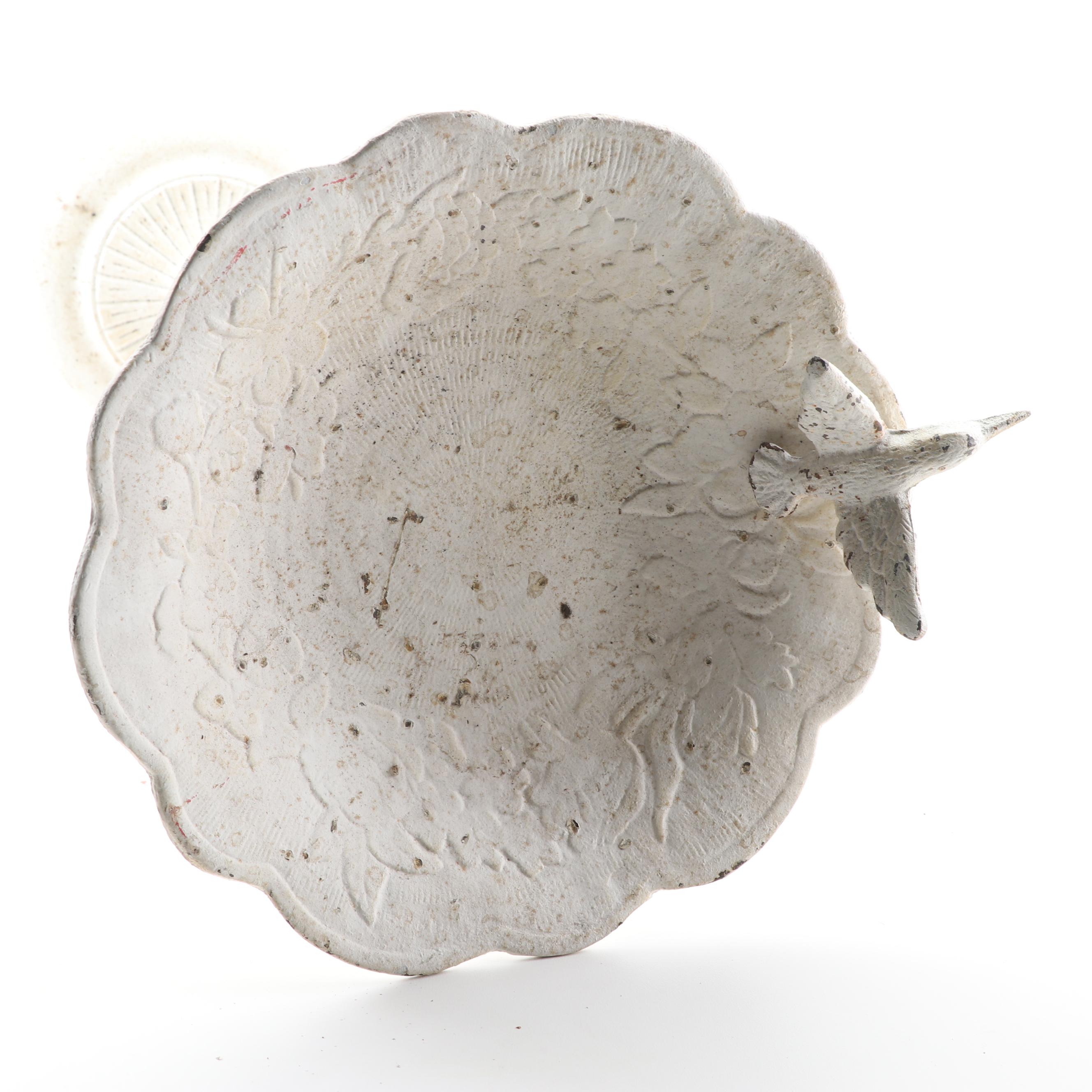 Painted Cast Iron Rooster and Cow Doorstops and Pedestal Bird Bath