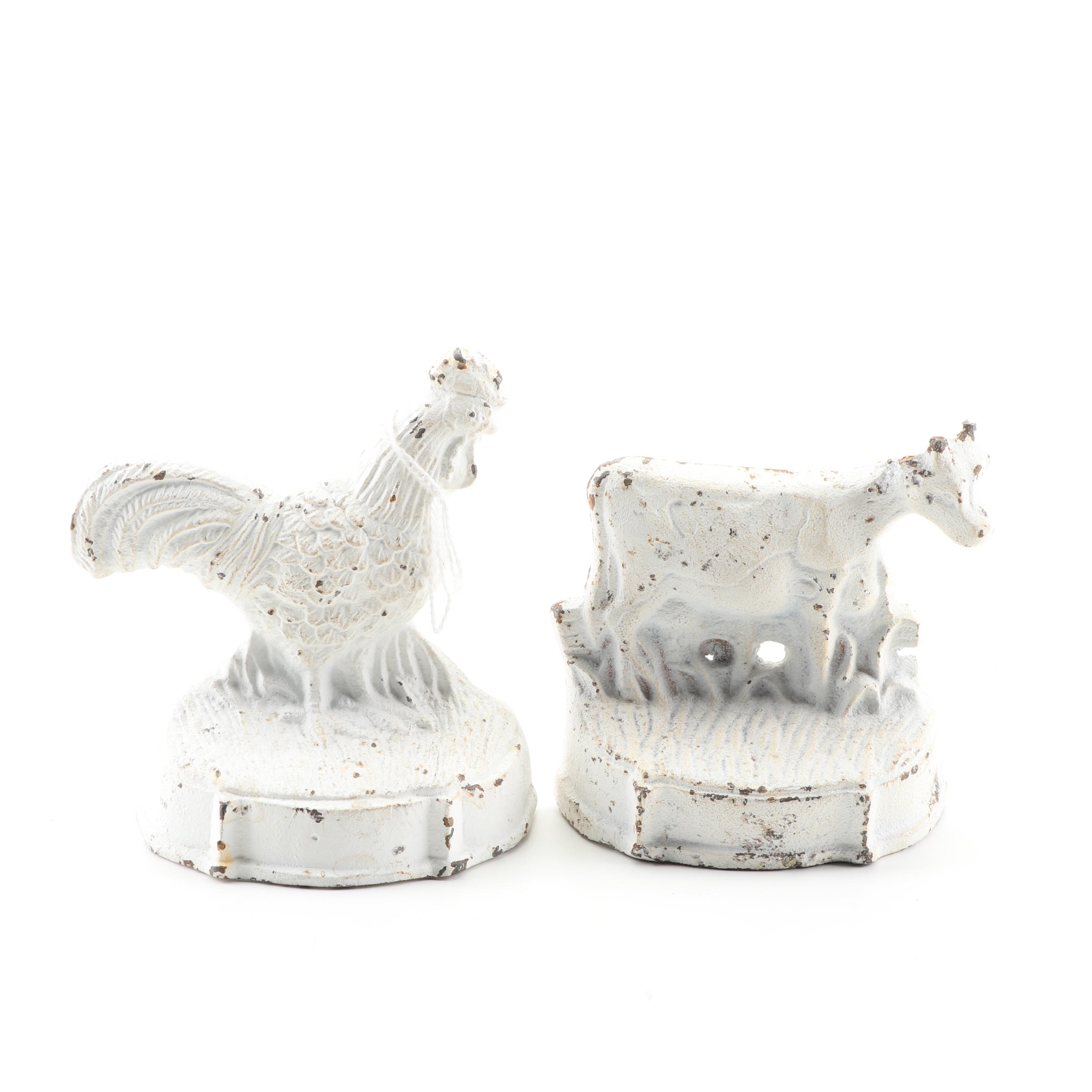 Painted Cast Iron Rooster and Cow Doorstops and Pedestal Bird Bath