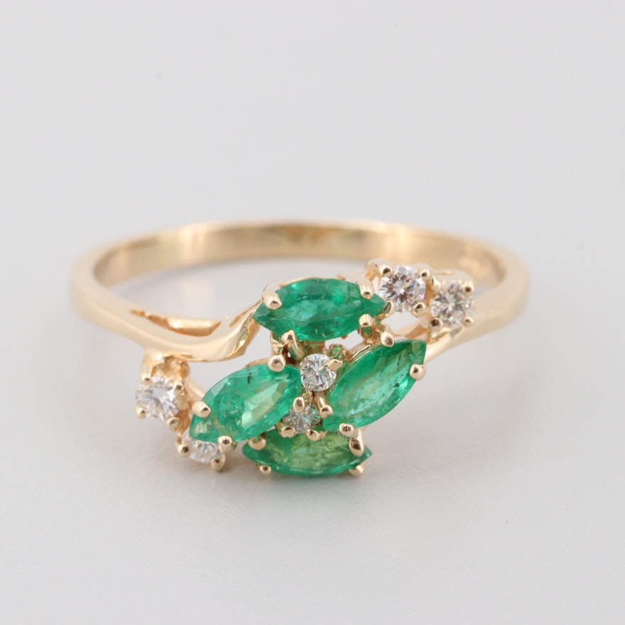 14K Yellow Gold Emerald and Diamond Ring