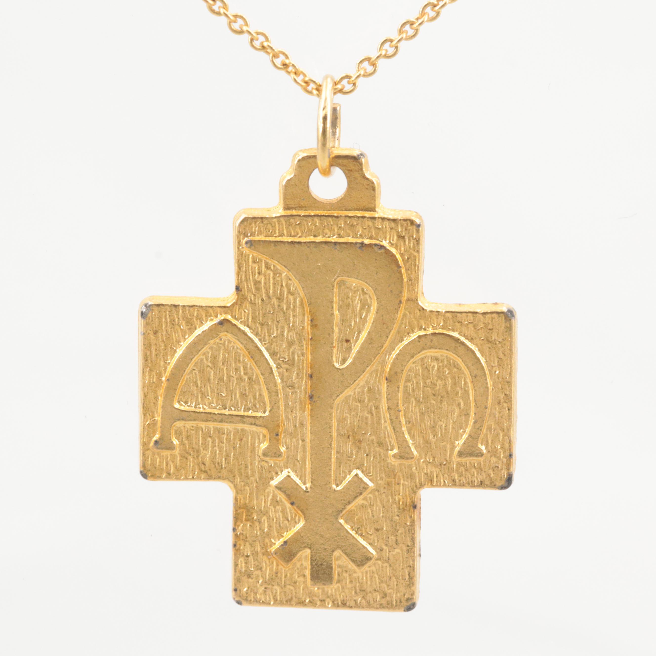 Gold Tone Chi-Rho Cross Pendant Necklace