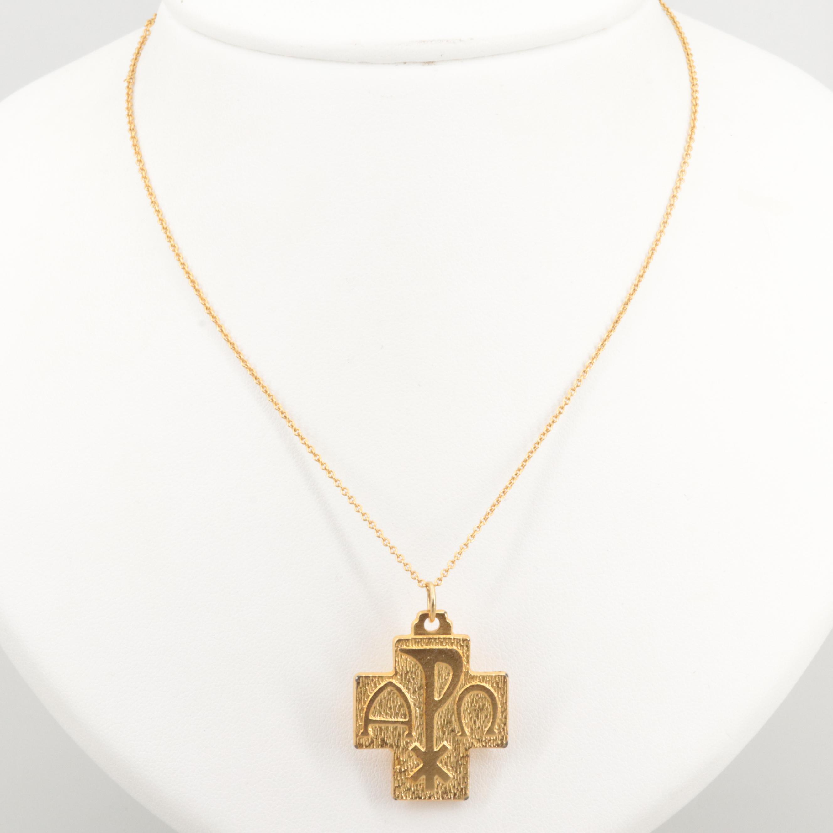Gold Tone Chi-Rho Cross Pendant Necklace