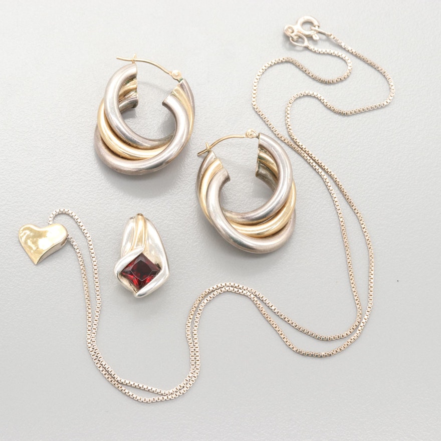 Assorted Sterling Silver, 14K and 18K Yellow Gold Jewelry With Garnet Pendant