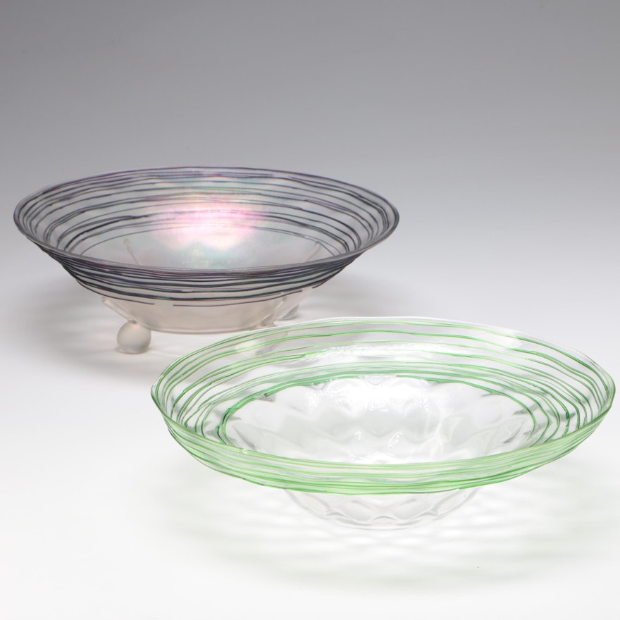 Steuben Green and Purple Threaded Glass Bowls