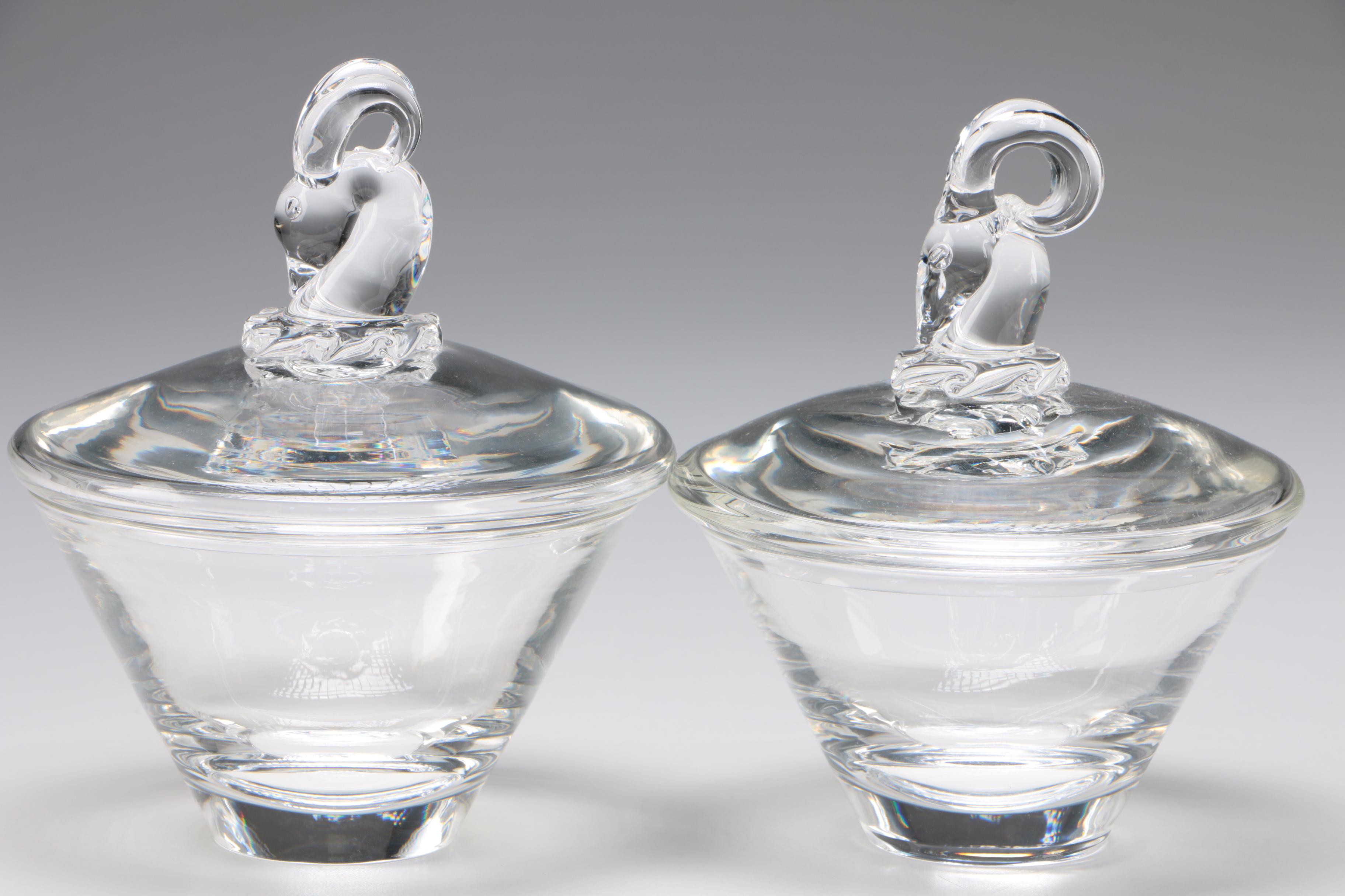 Inka Benton for Steuben Art Glass Ram's Head Candy Dishes, Circa Early 1940s