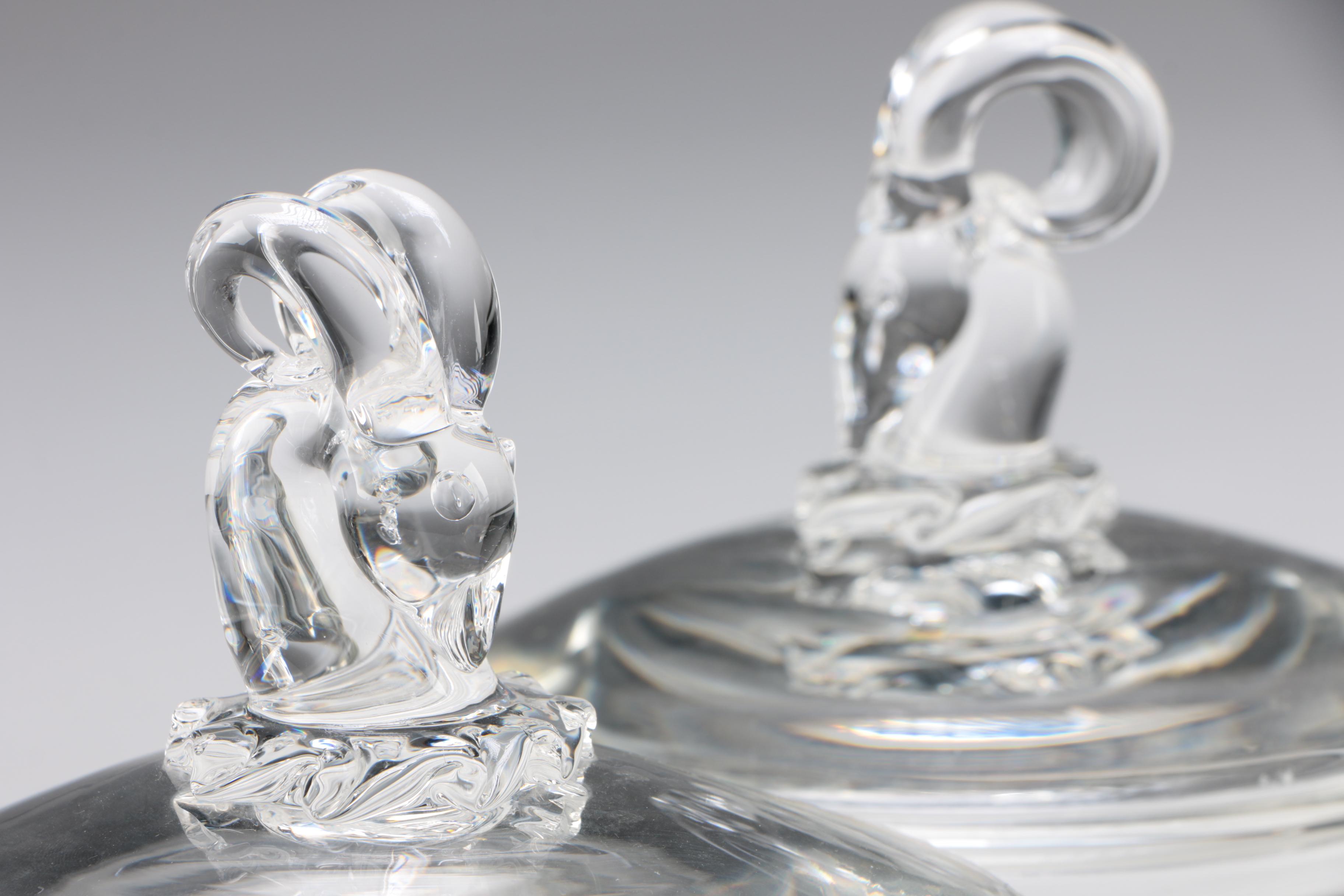 Inka Benton for Steuben Art Glass Ram's Head Candy Dishes, Circa Early 1940s