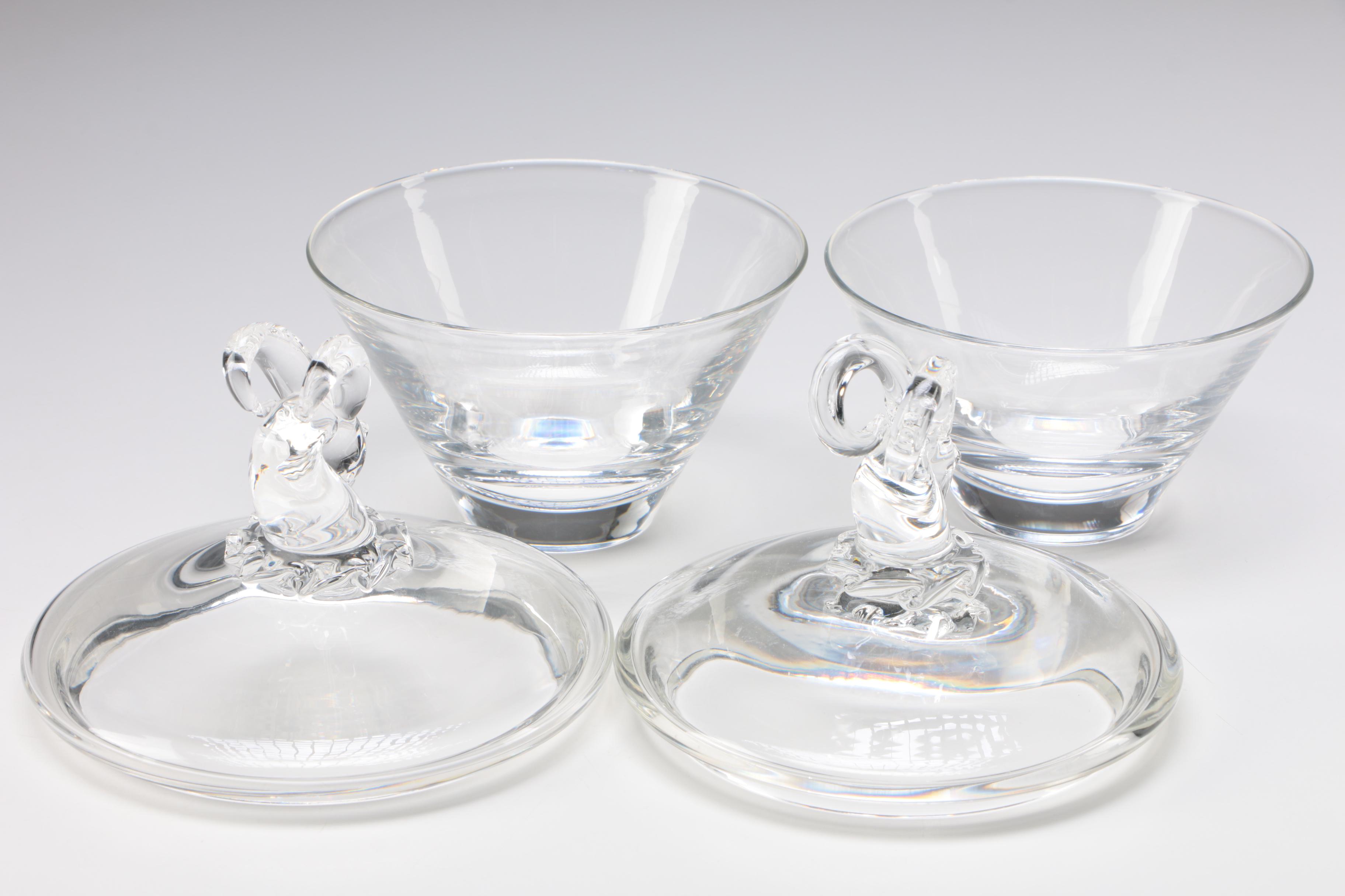 Inka Benton for Steuben Art Glass Ram's Head Candy Dishes, Circa Early 1940s
