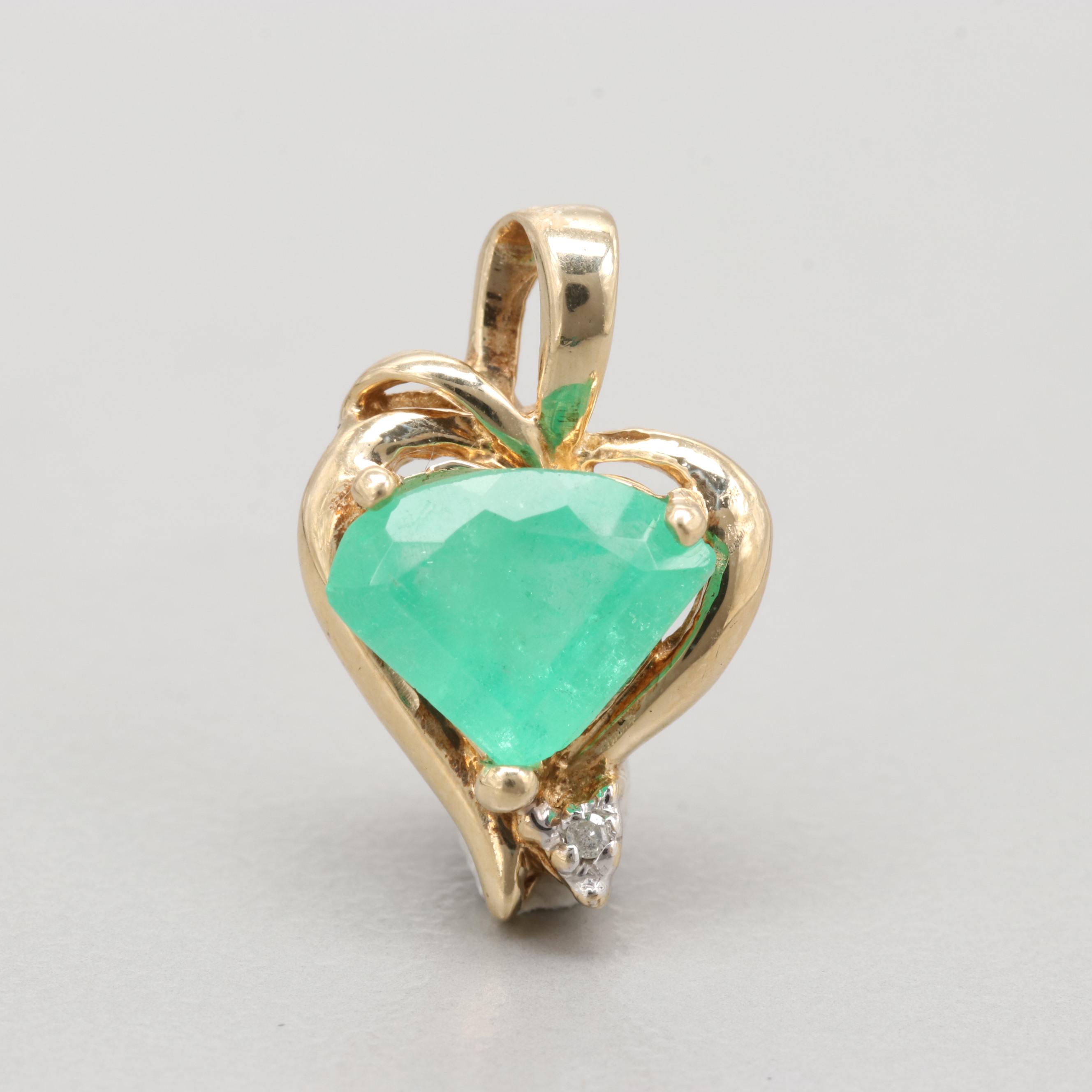 10K Yellow Gold Emerald And Diamond Pendant