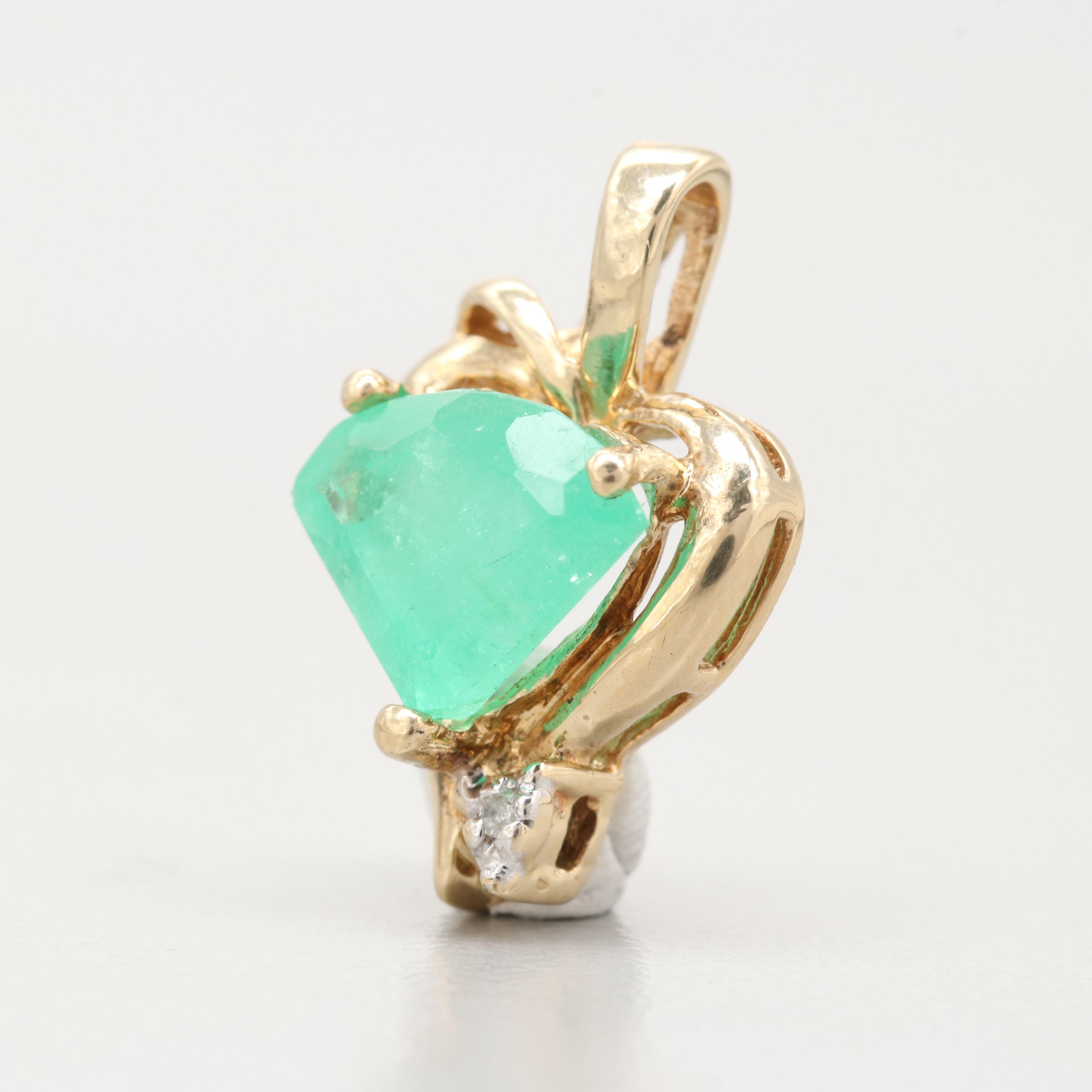 10K Yellow Gold Emerald And Diamond Pendant