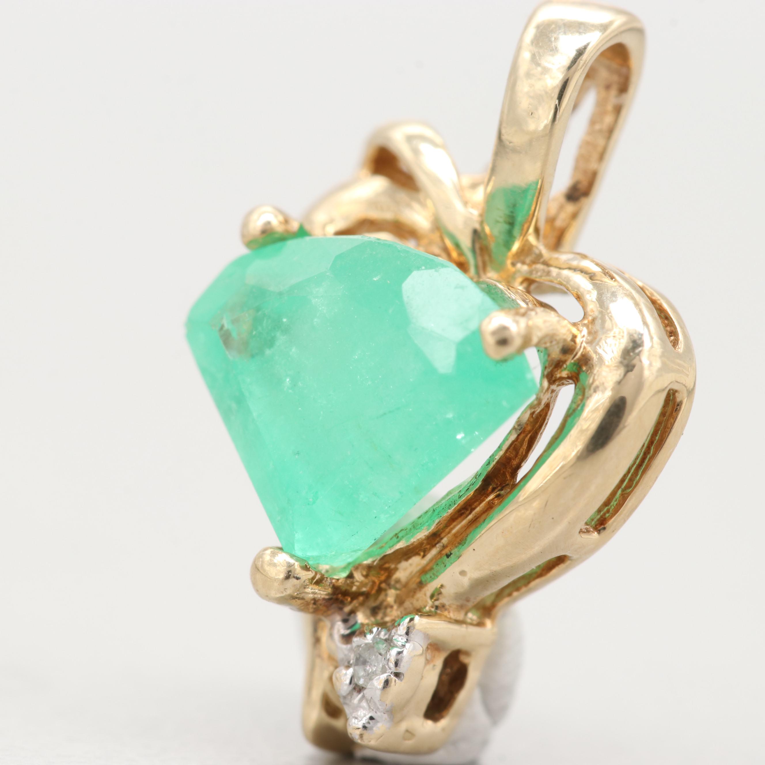 10K Yellow Gold Emerald And Diamond Pendant