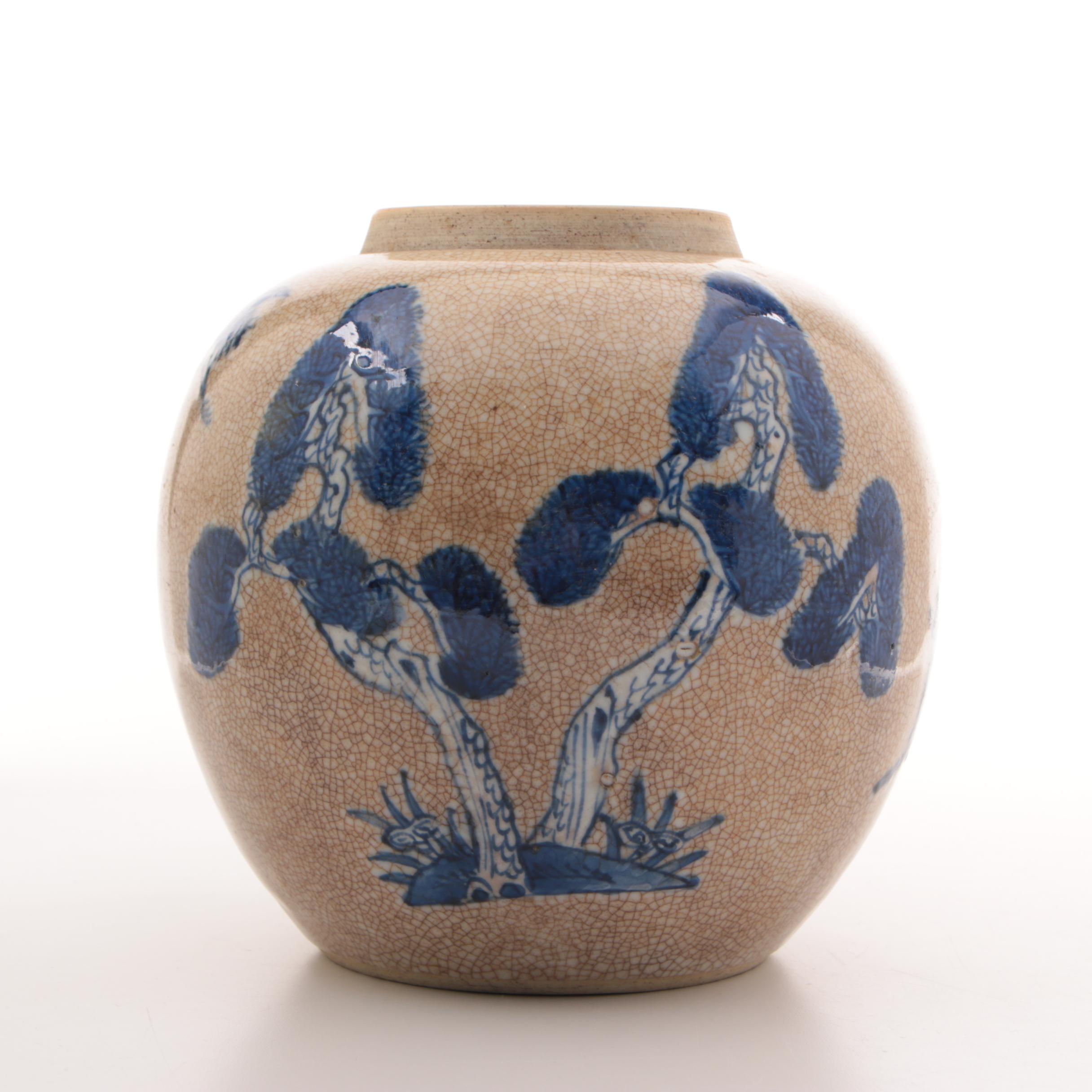 Chinese Crackle Porcelain Jar with Longevity Motif, Qing Dynasty