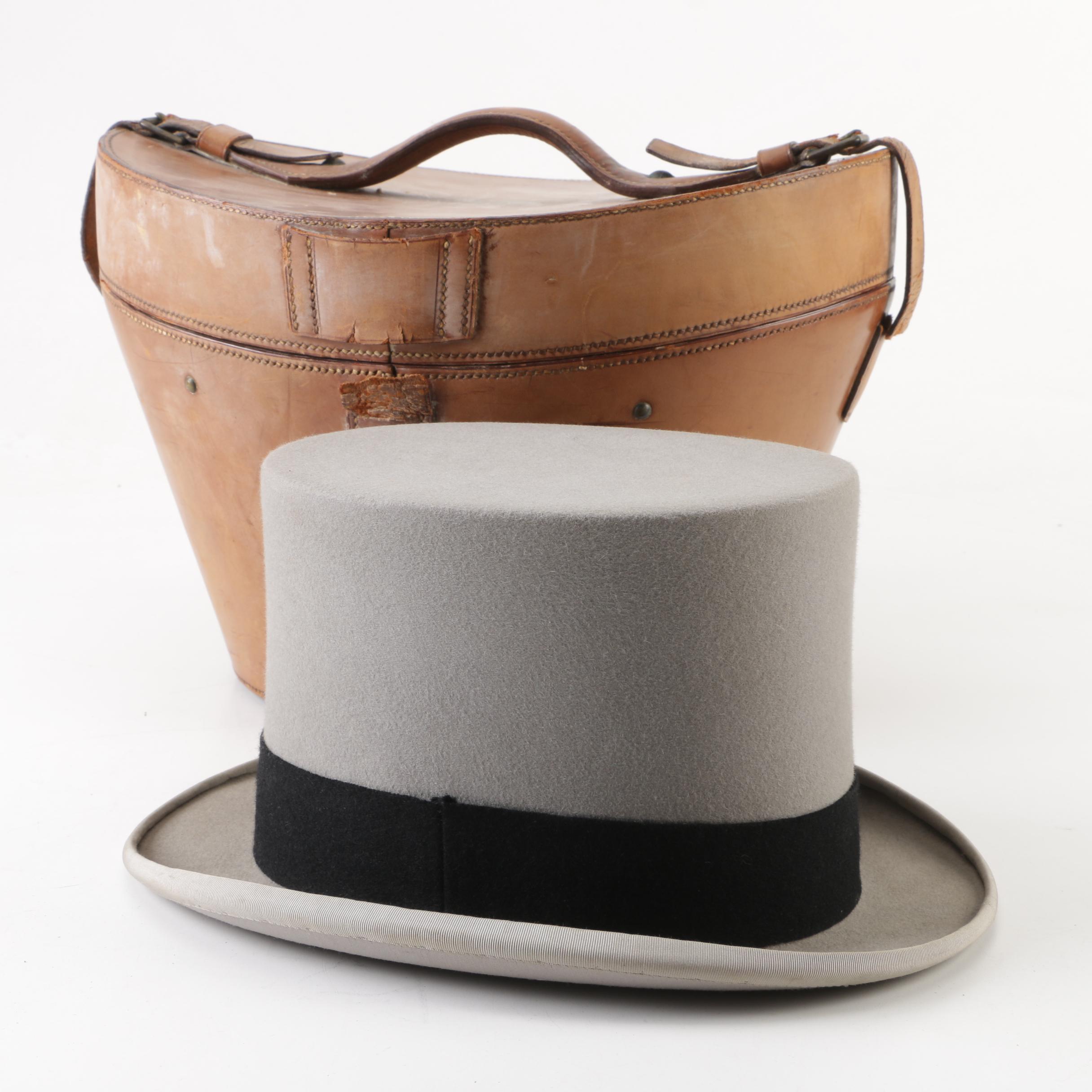 Men's Lock & Co. Hatters London Dove Grey Fur Felt Top Hat and Leather Hat Box
