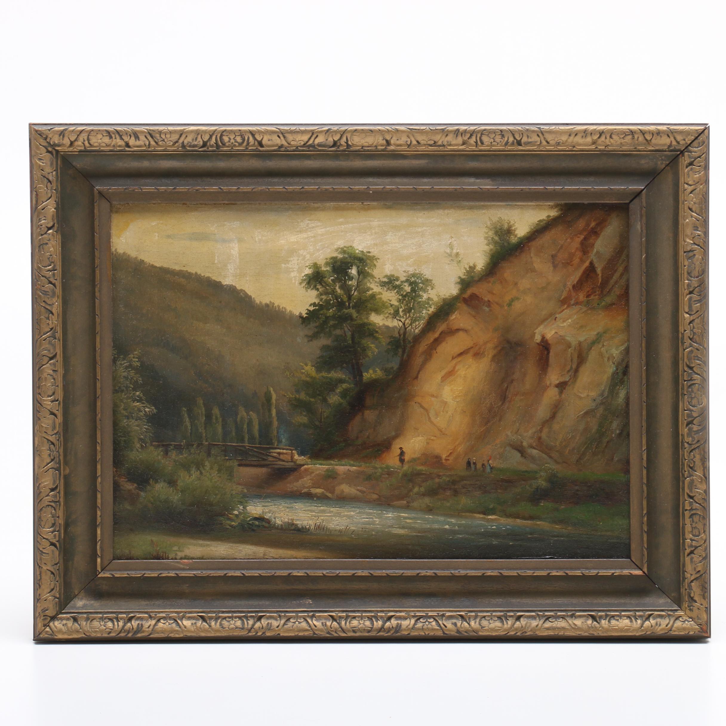 Late 19th-Century Oil Painting of Landscape with Figures